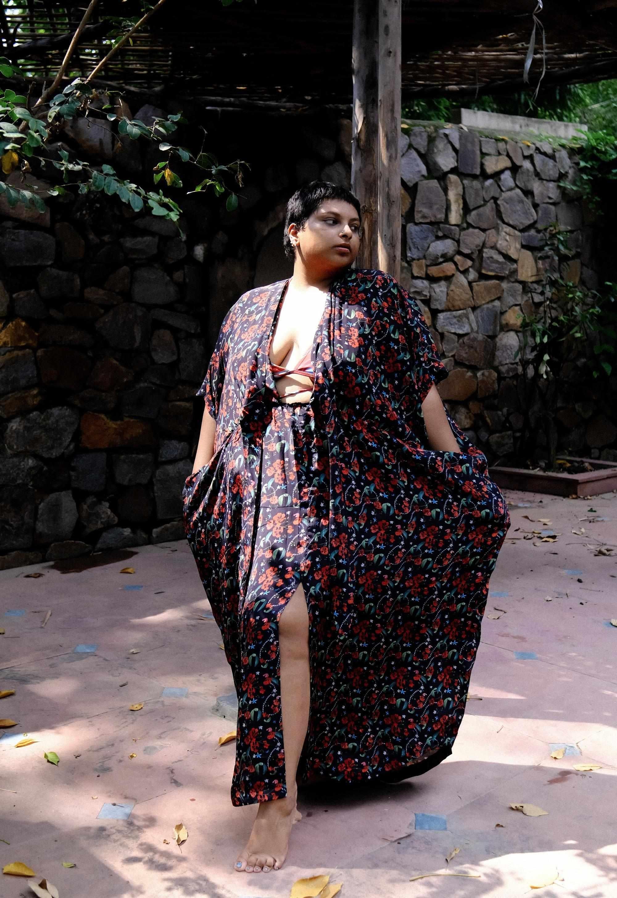 Royal Poinciana Front Or Back Tie Kaftan Dress-izsi-IZSI