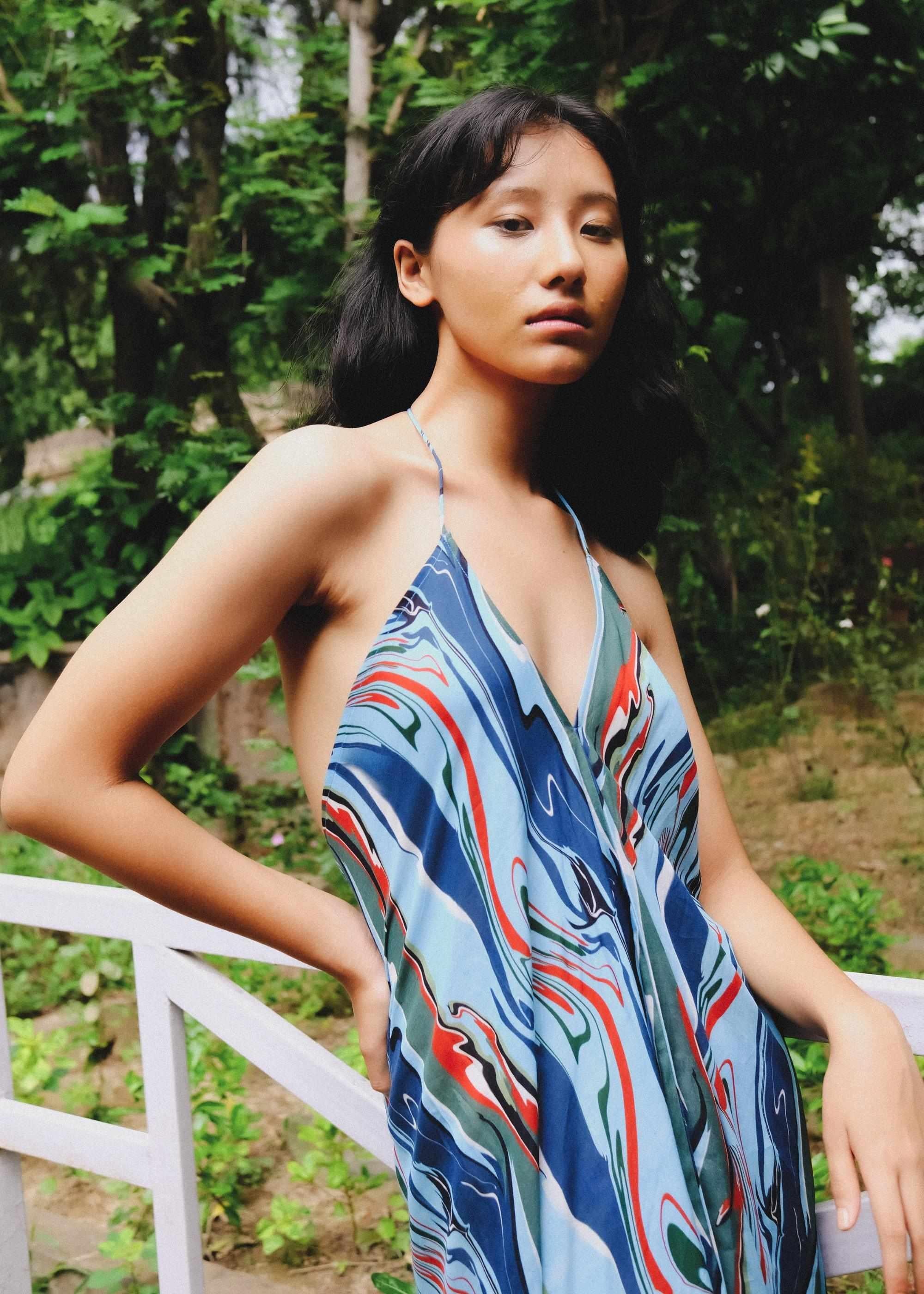 Cosmic Wave Plunge Back Kaftan Dress