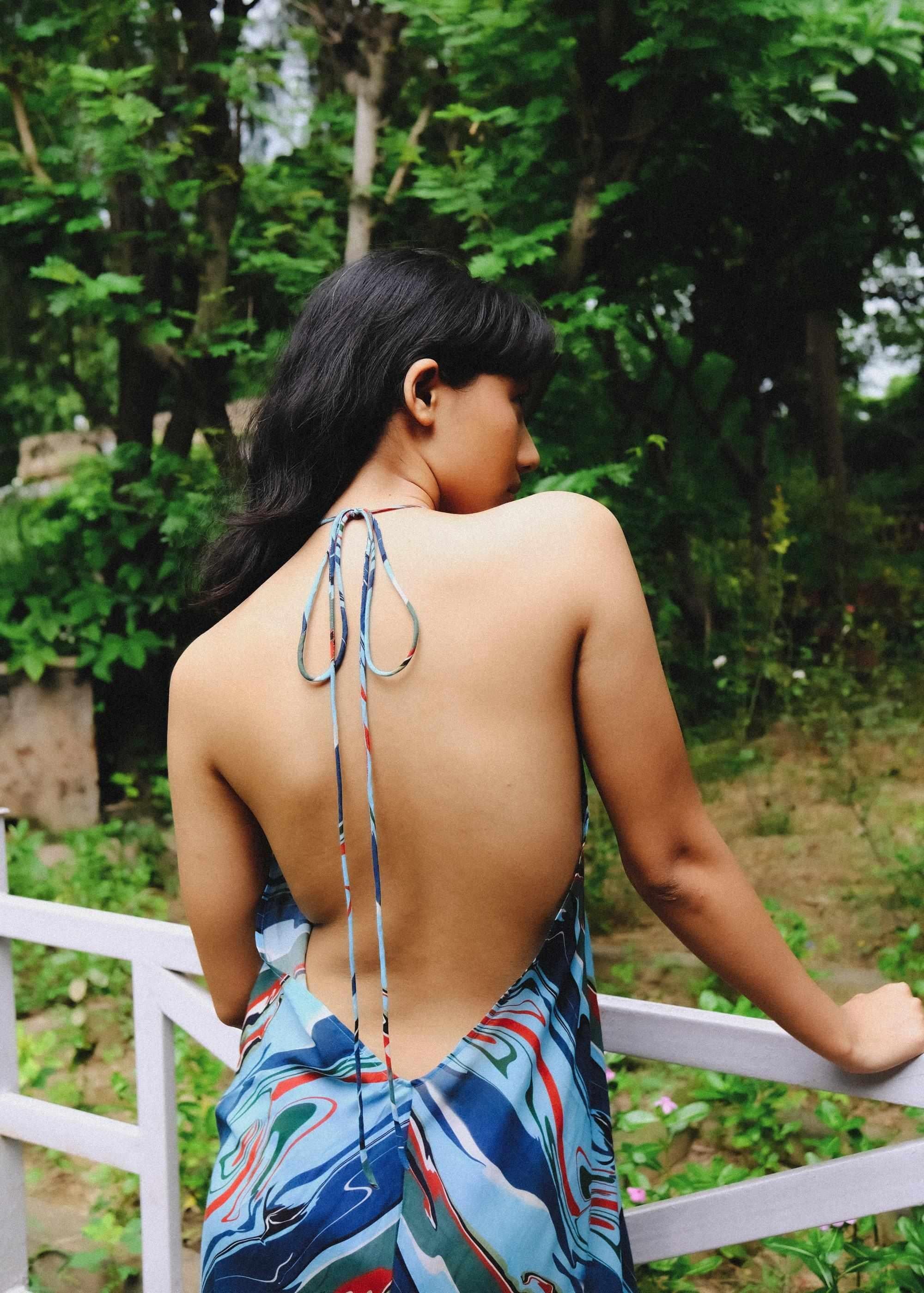 Cosmic Wave Plunge Back Kaftan Dress