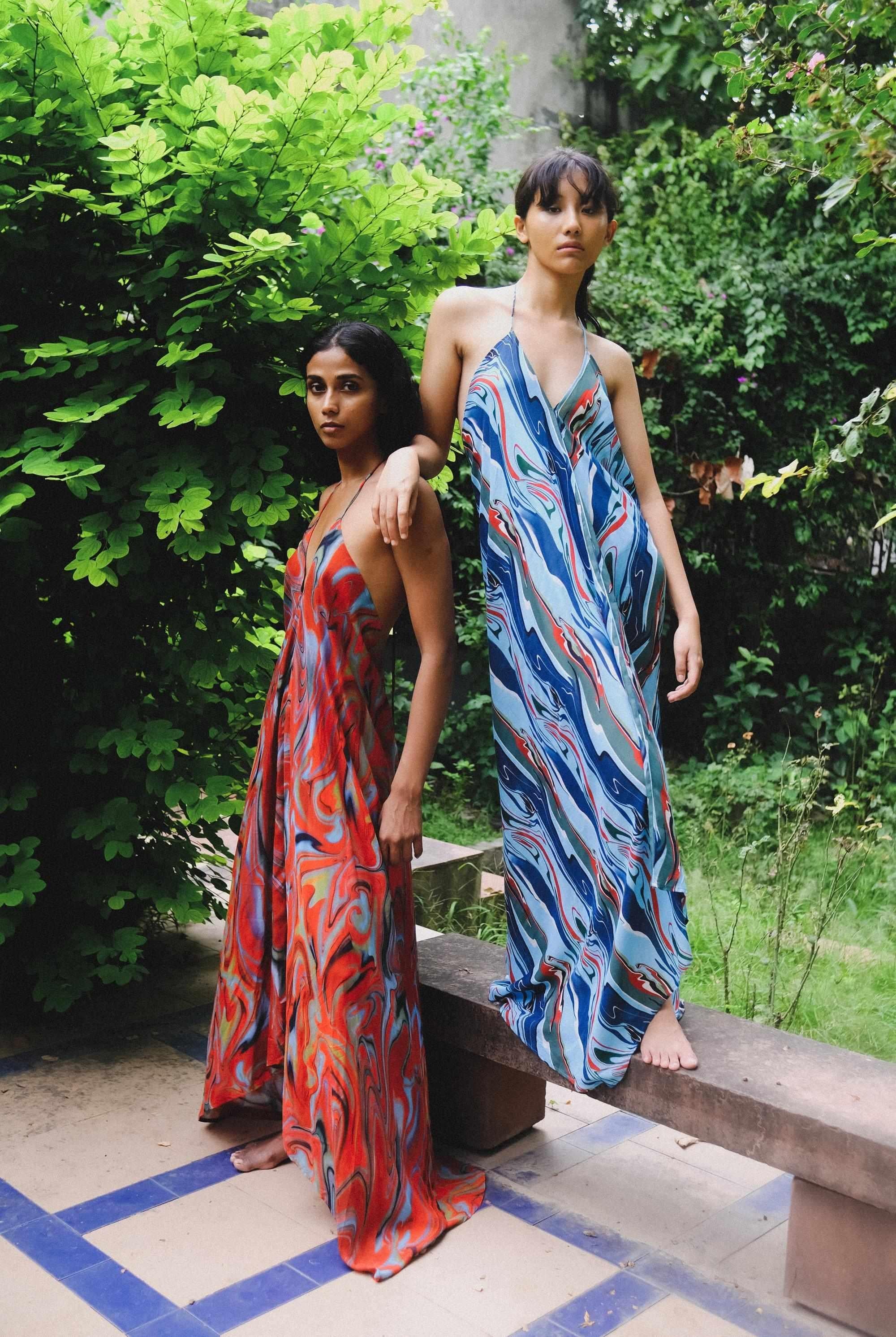 Cosmic Wave Plunge Back Kaftan Dress