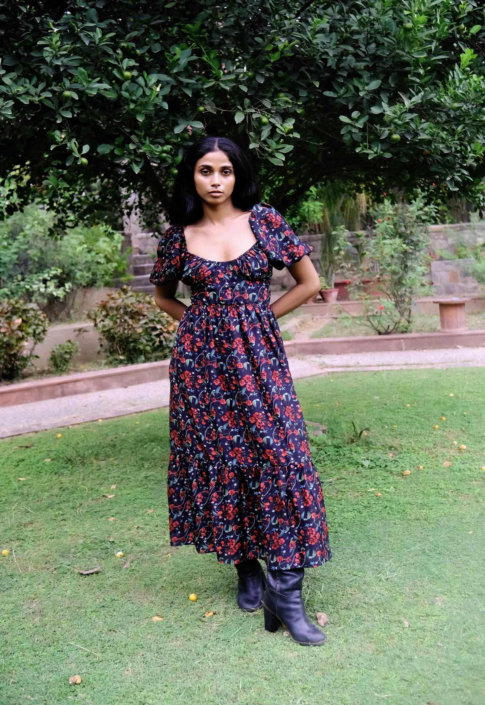 Royal Poinciana Back Tie Up Corset Dress With Pockets