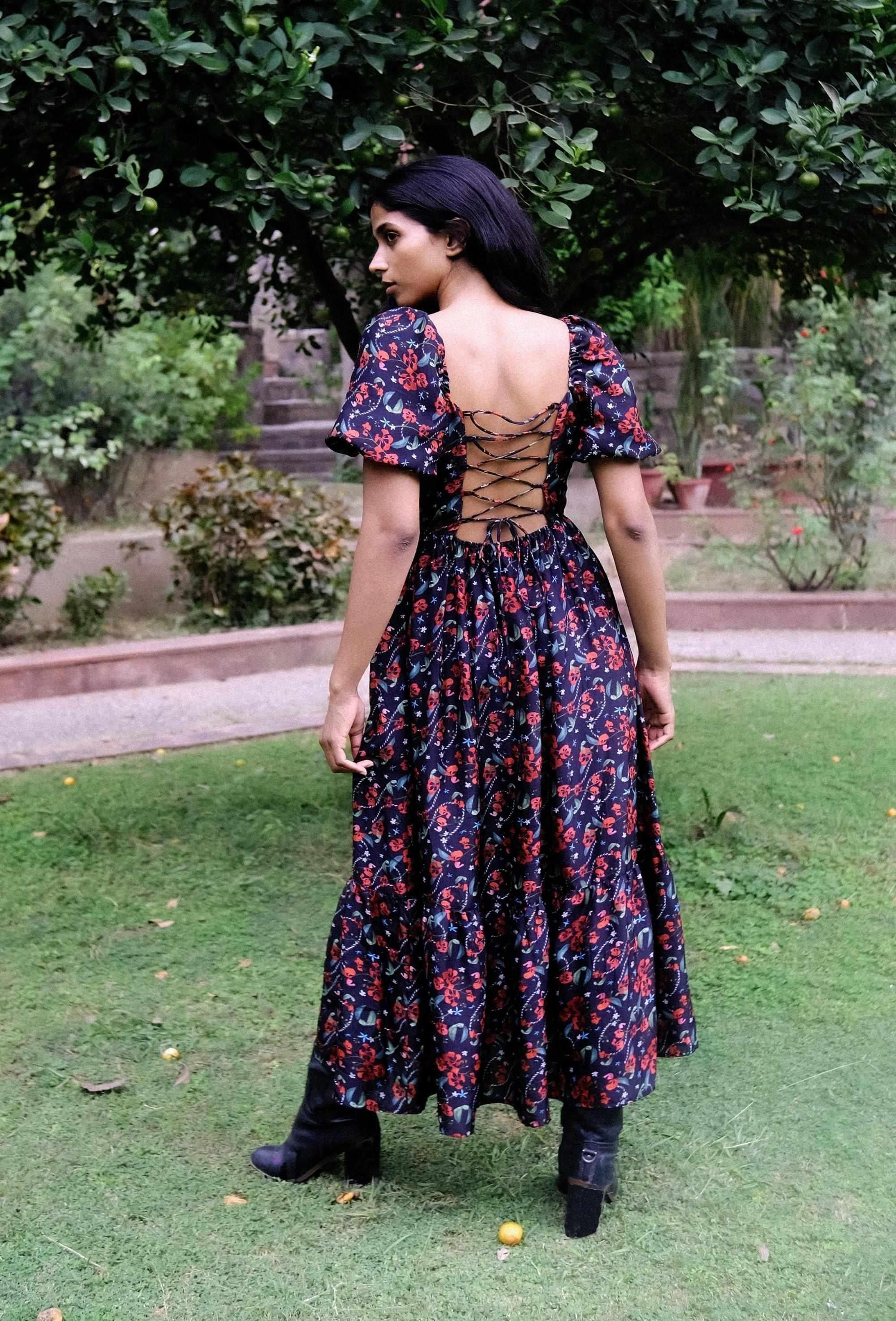 Royal Poinciana Back Tie Up Corset Dress With Pockets