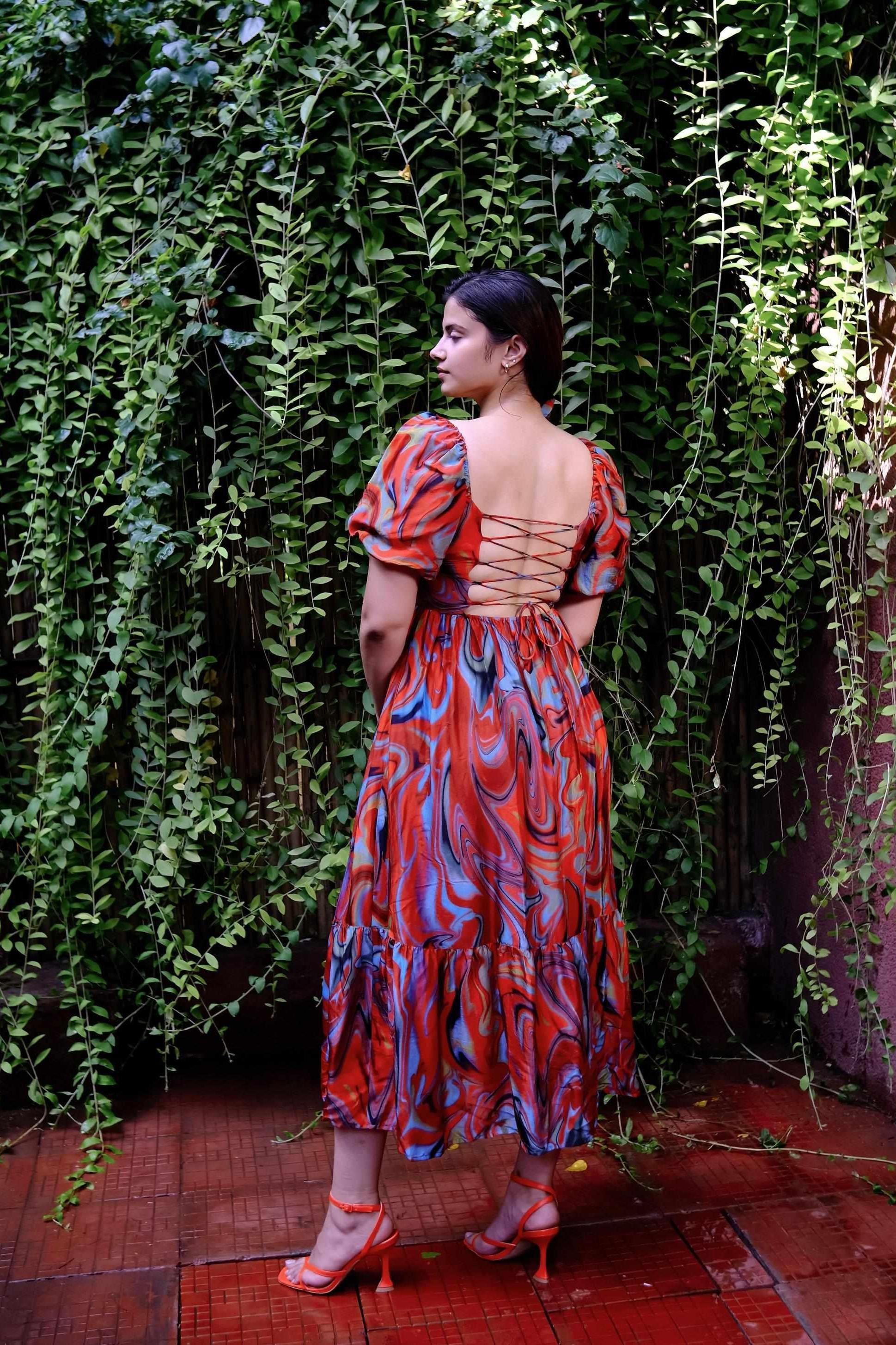 Cayenne Wave Back Tie Up Corset Dress With Pockets