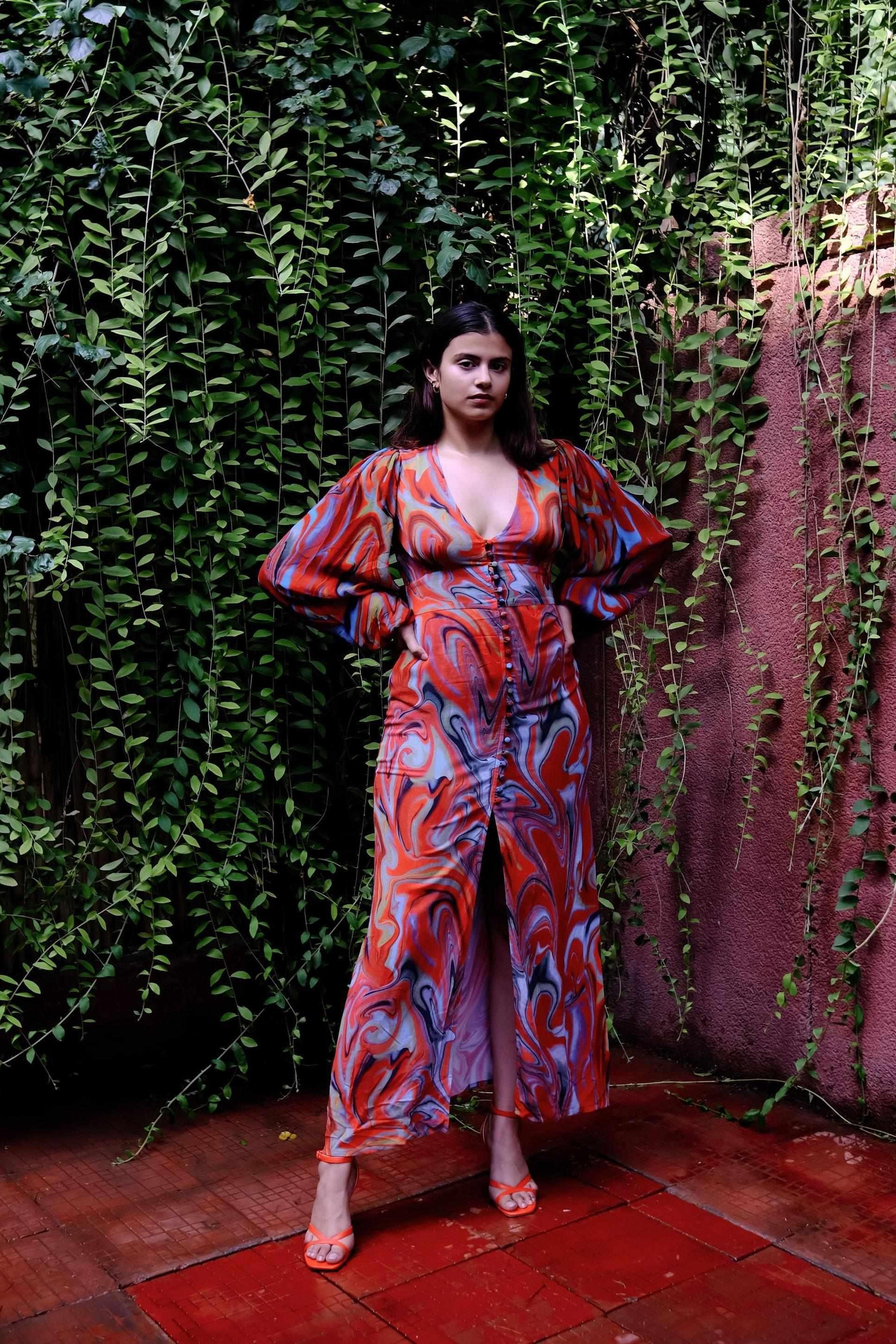 Cayenne Wave Bishop Sleeved Dress-izsi-IZSI