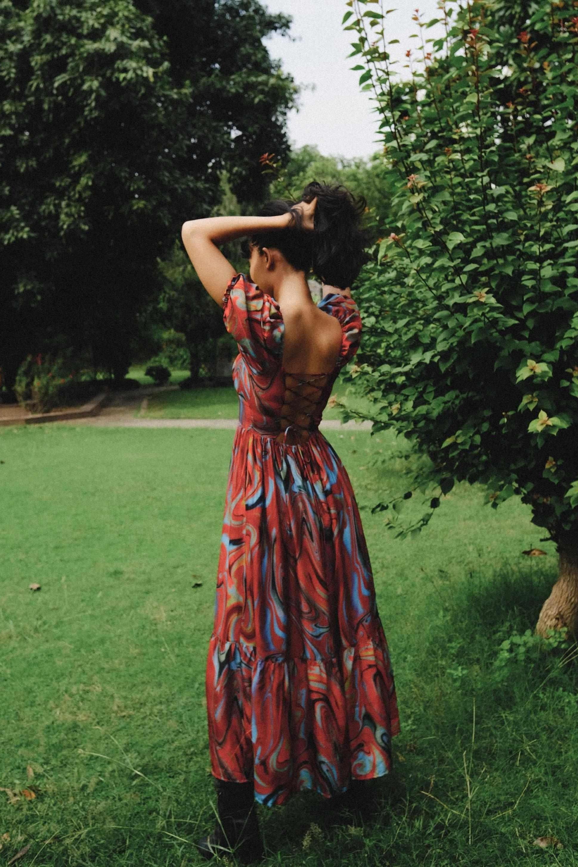 Cayenne Wave Back Tie Up Corset Dress With Pockets