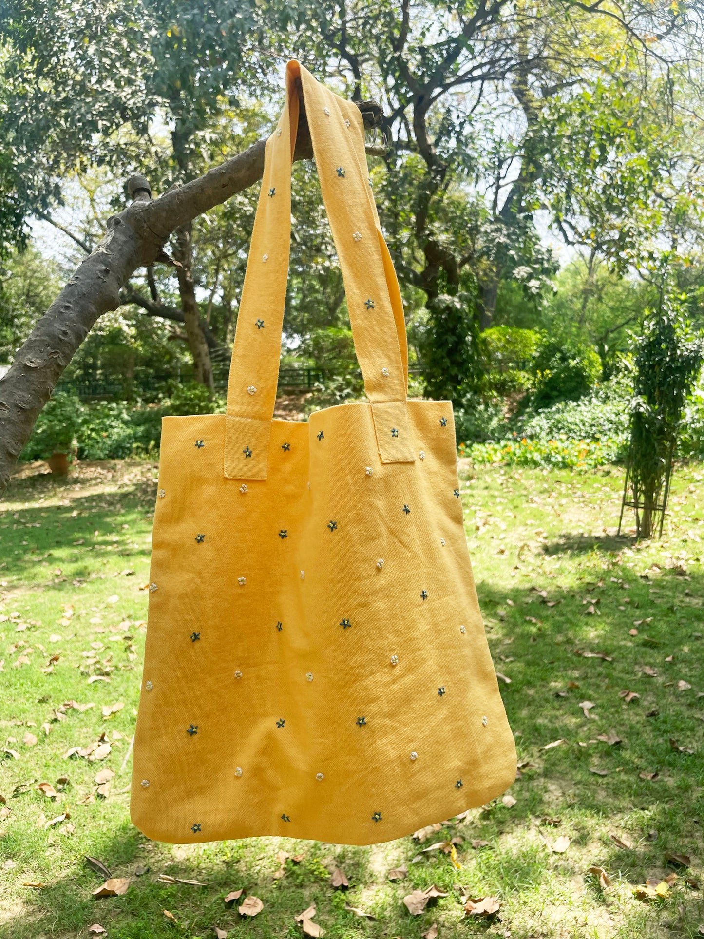 Yellow Hand Embroidered 100% Cotton Canvas Tote Bag