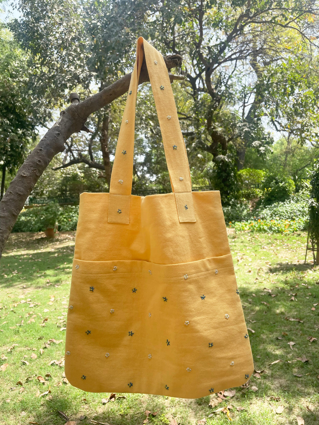 Yellow Hand Embroidered 100% Cotton Canvas Tote Bag