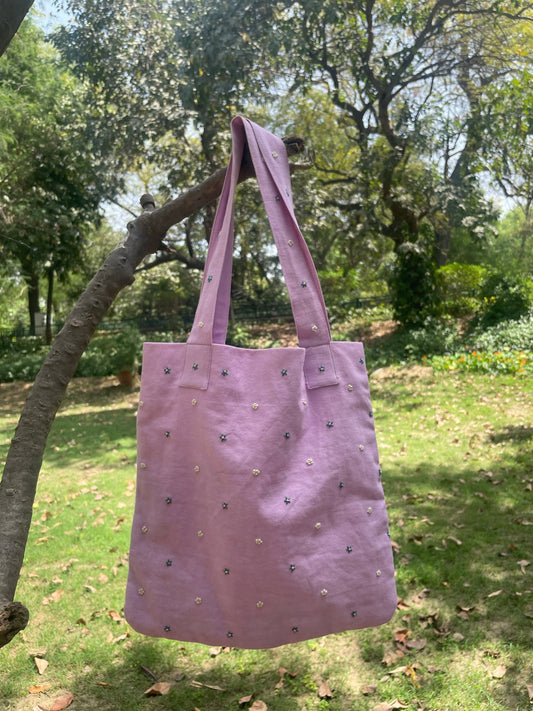 Lavender Hand Embroidered 100% Cotton Canvas Tote Bag