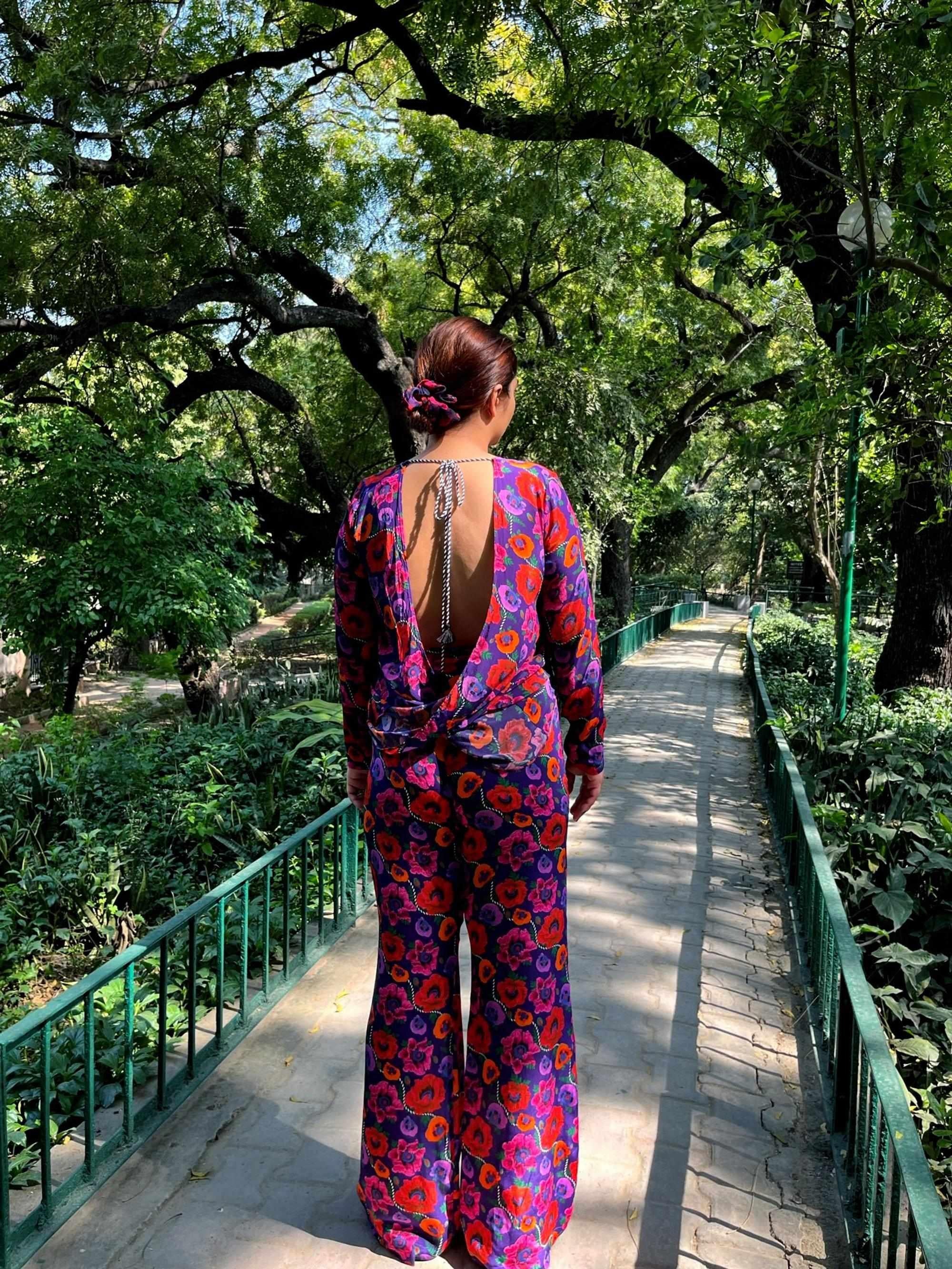 Oriental Poppy Plunge Back Top With Handcrafted Tie-Ups