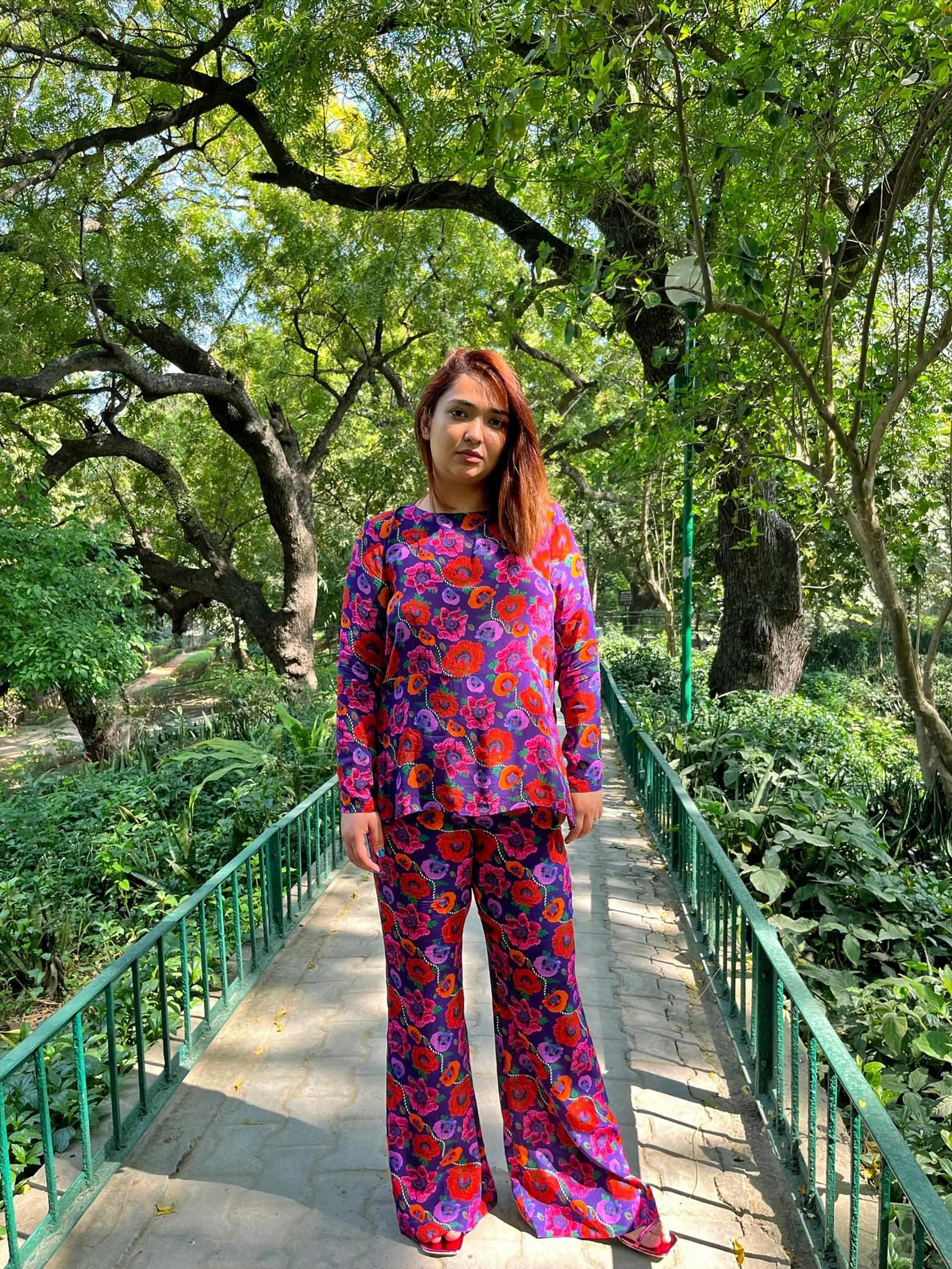 Oriental Poppy Plunge Back Top With Handcrafted Tie-Ups