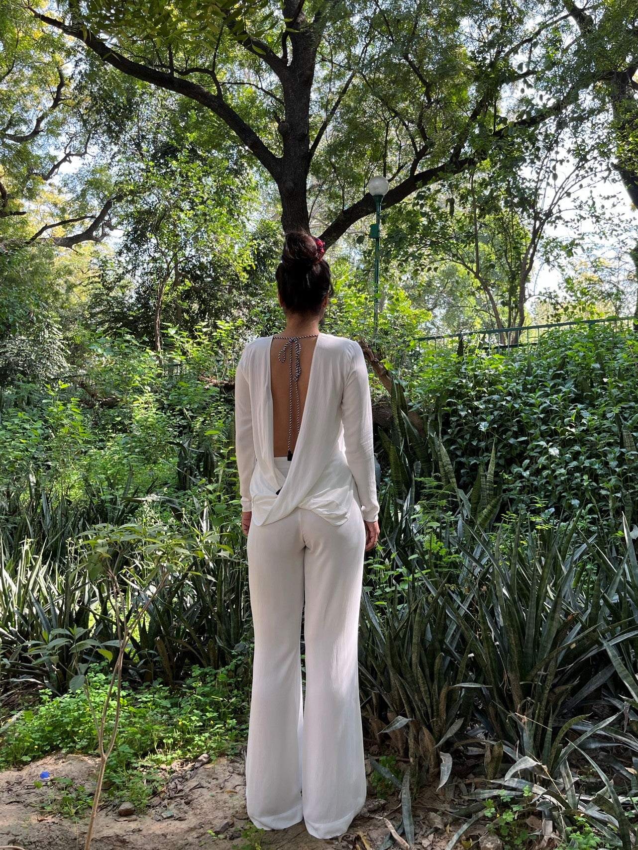 White Plunge Back Top With Handcrafted Tie-Ups