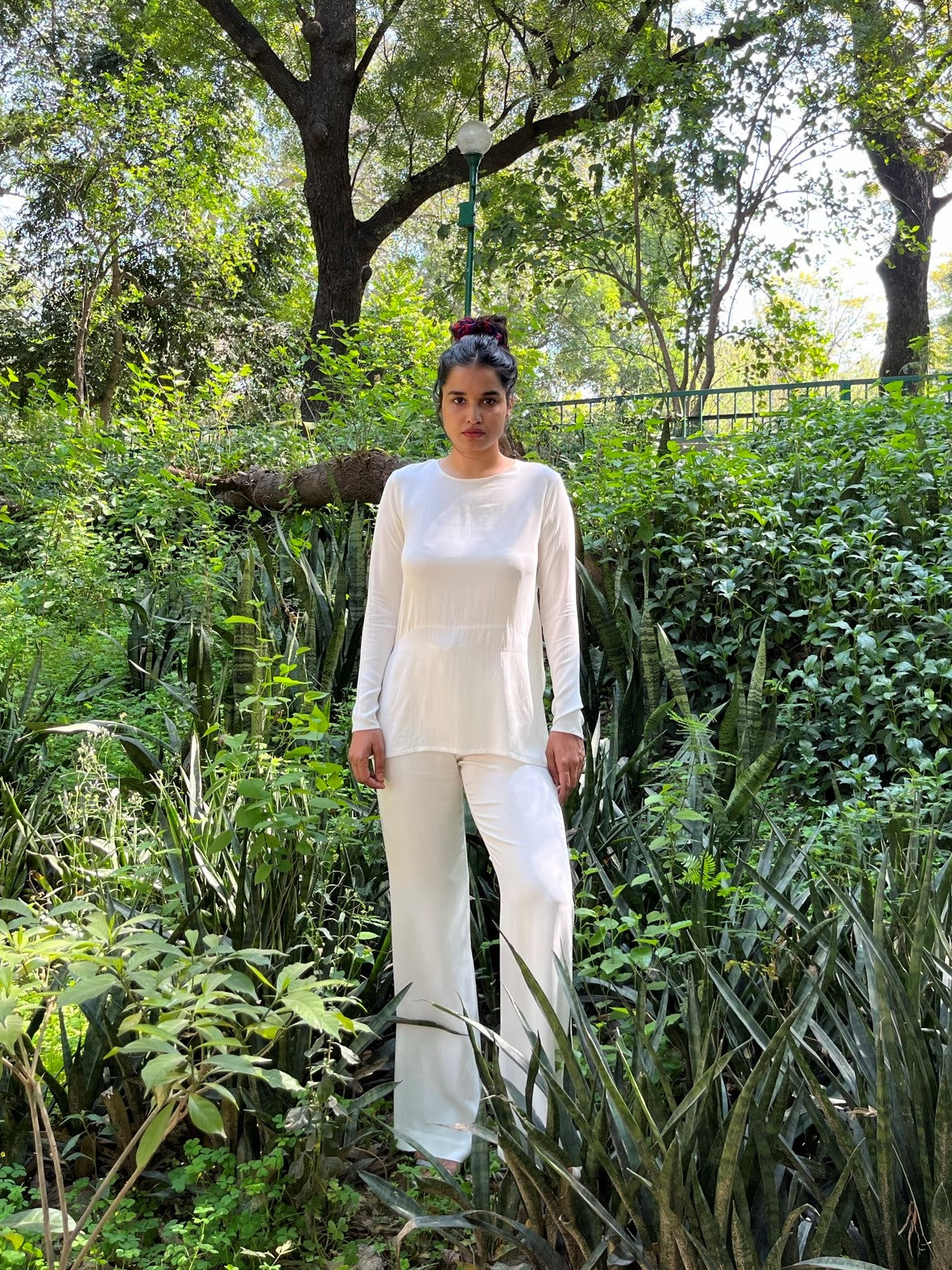 White Plunge Back Top With Handcrafted Tie-Ups