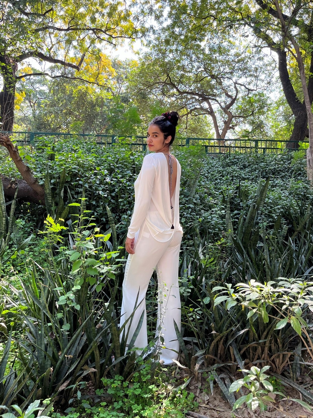 White Plunge Back Top With Handcrafted Tie-Ups-Resortwear-izsi-IZSI