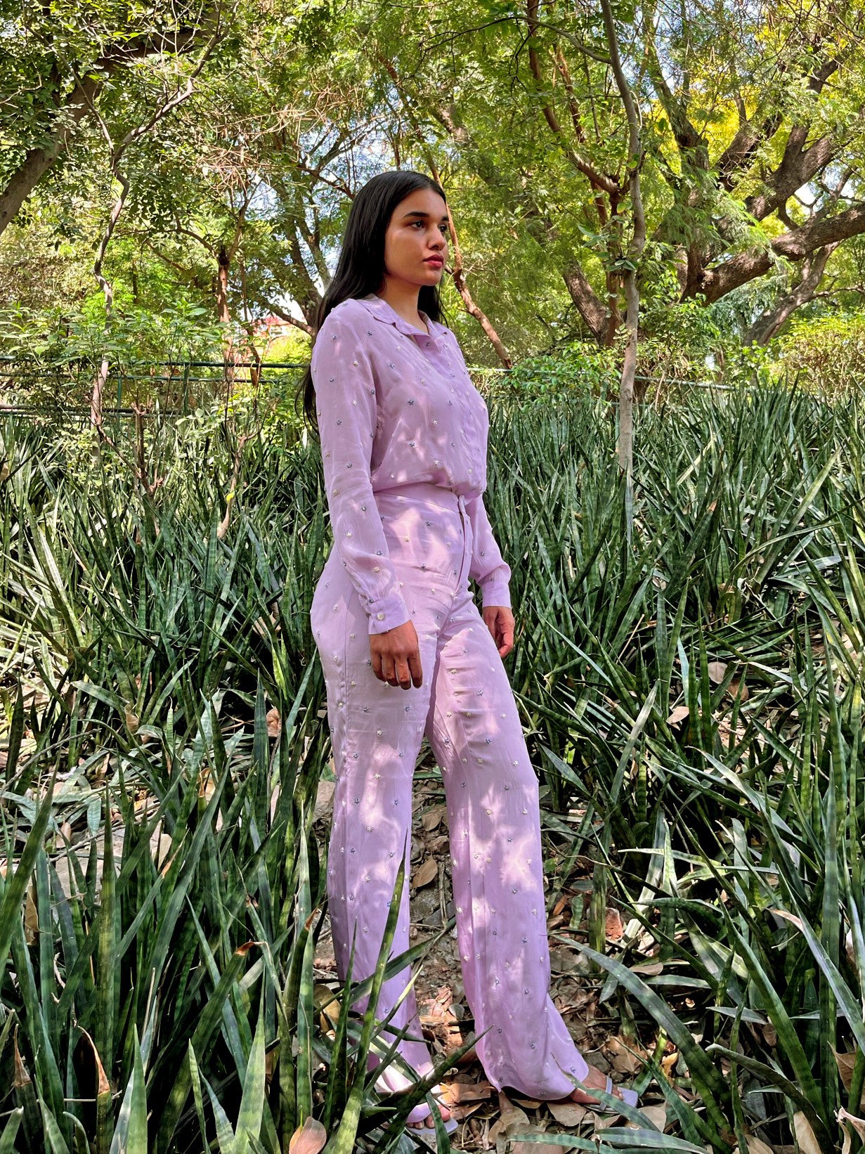 Lavender High Waist Trousers With Hand Embroidery