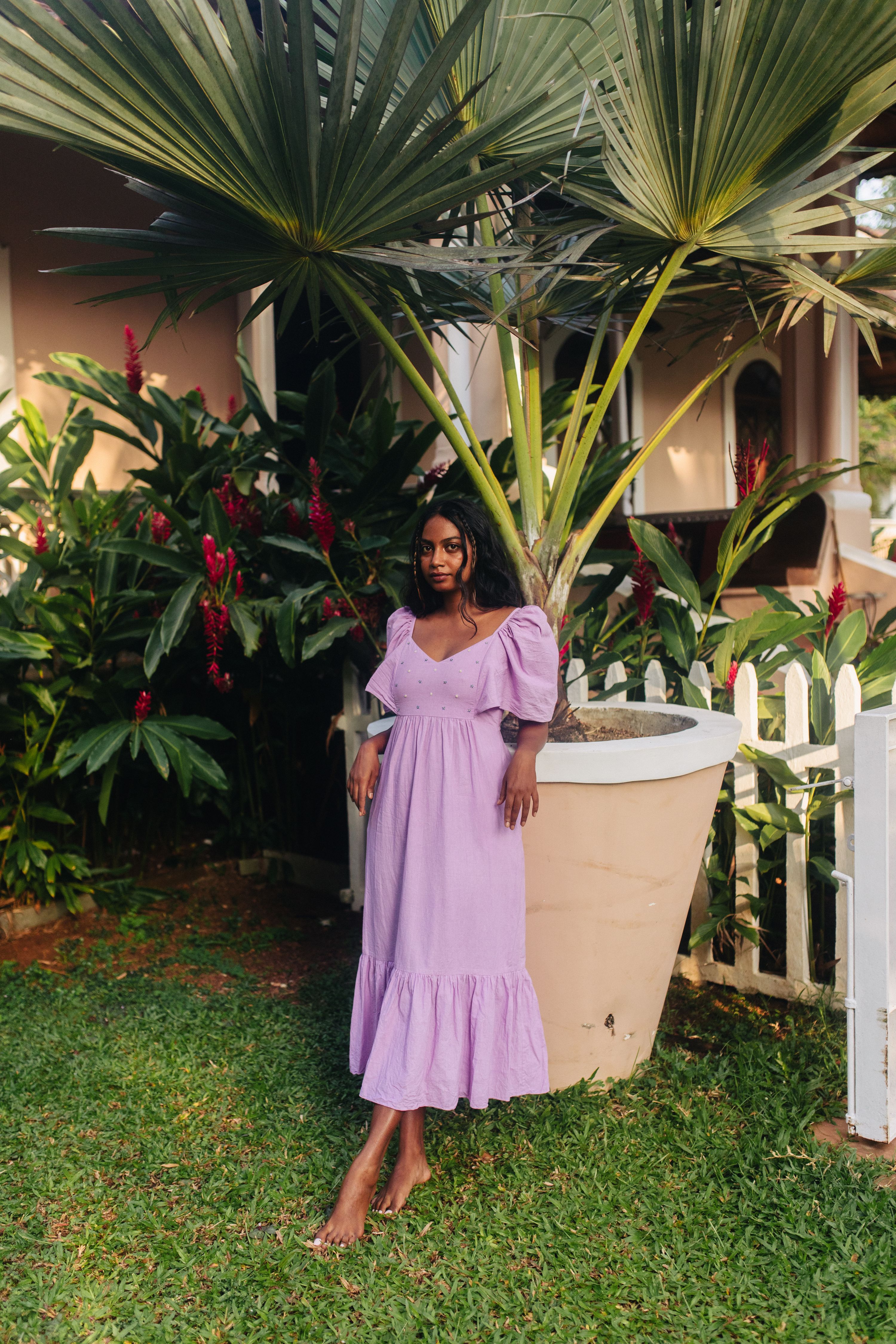 Lavender Hand Embroidered and Shirred Cotton Bell Sleeved Dress