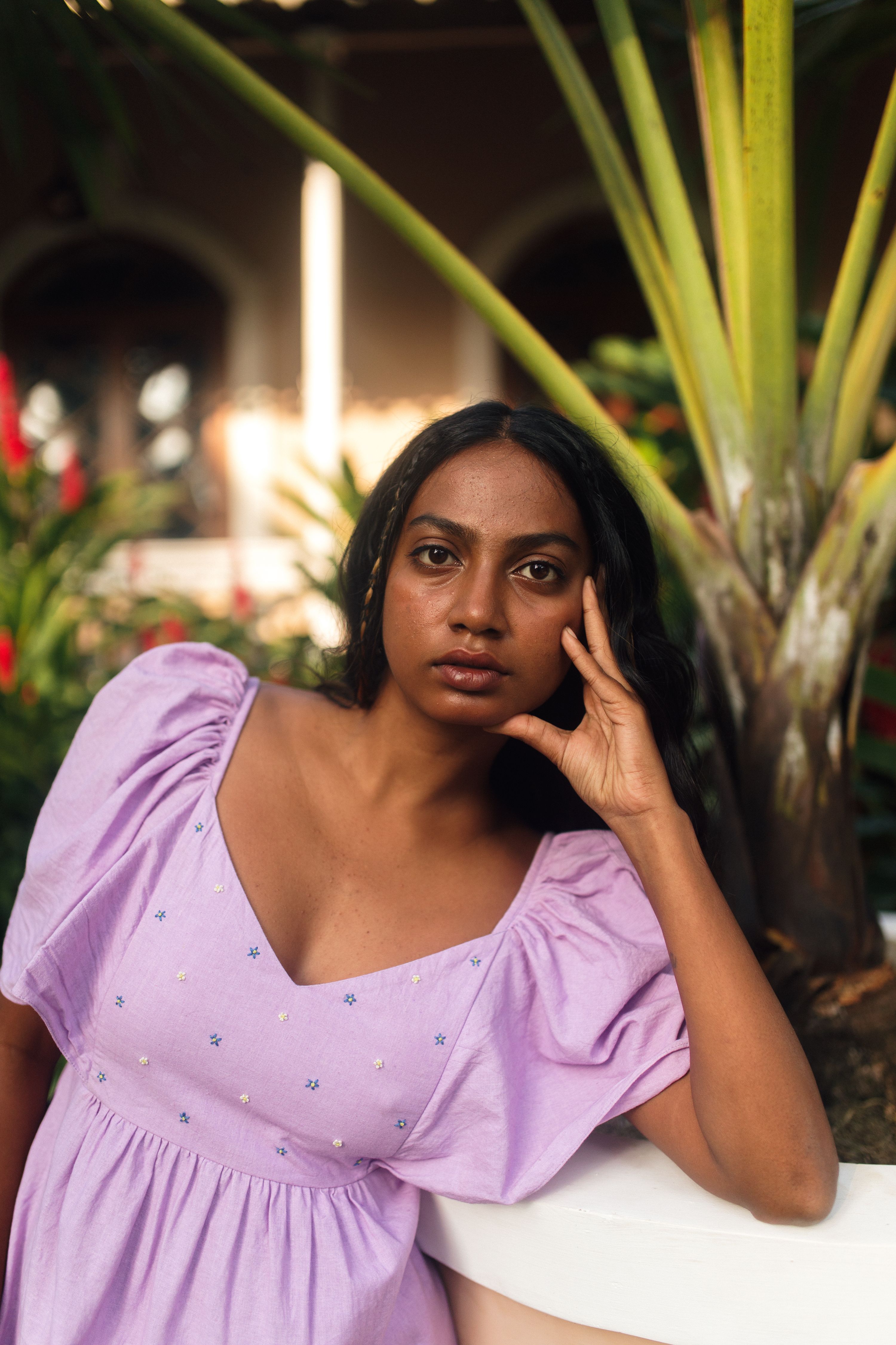 Lavender Hand Embroidered and Shirred Cotton Bell Sleeved Dress