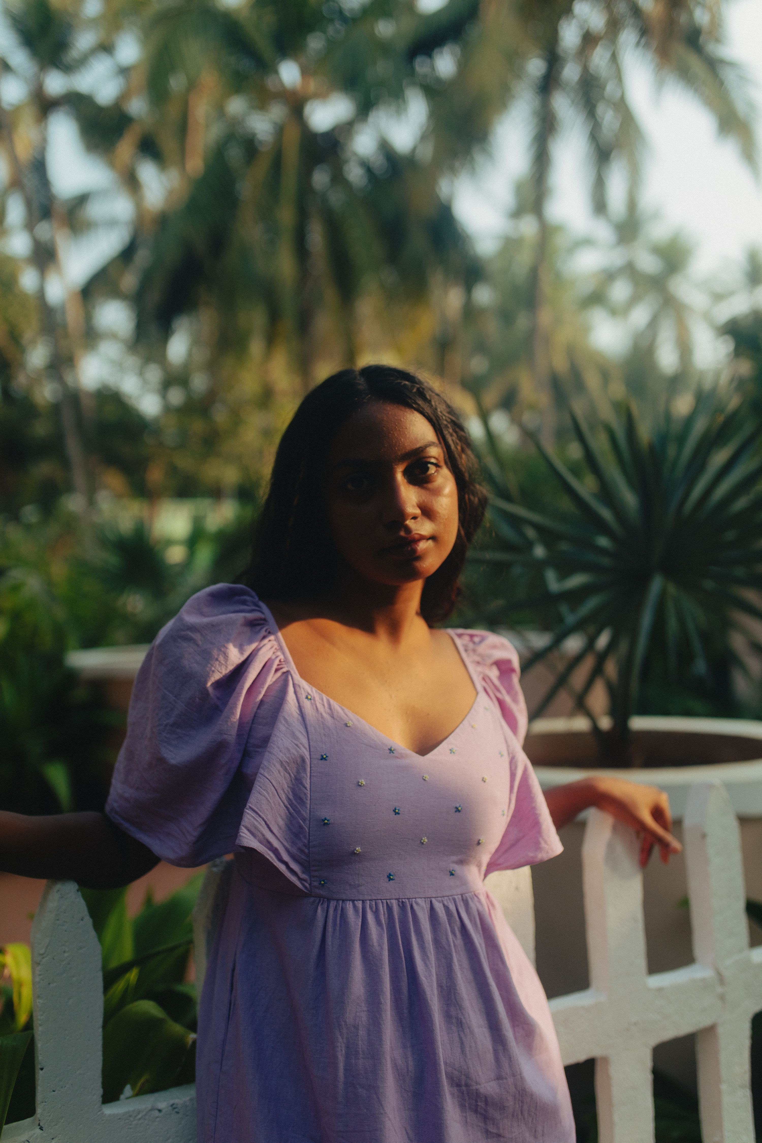 Lavender Hand Embroidered and Shirred Cotton Bell Sleeved Dress