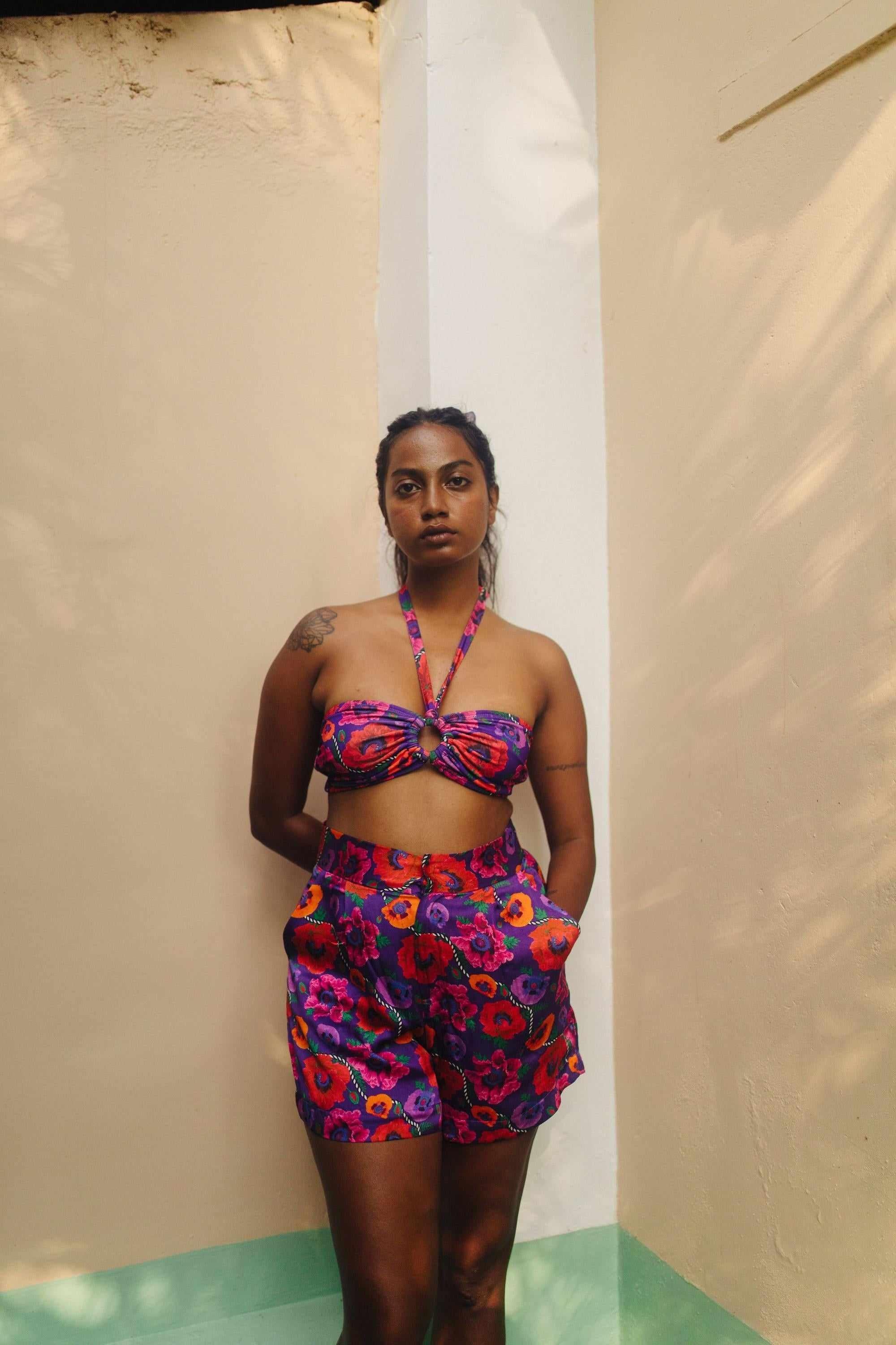 Oriental Poppy High Waist Shorts With Side Pockets