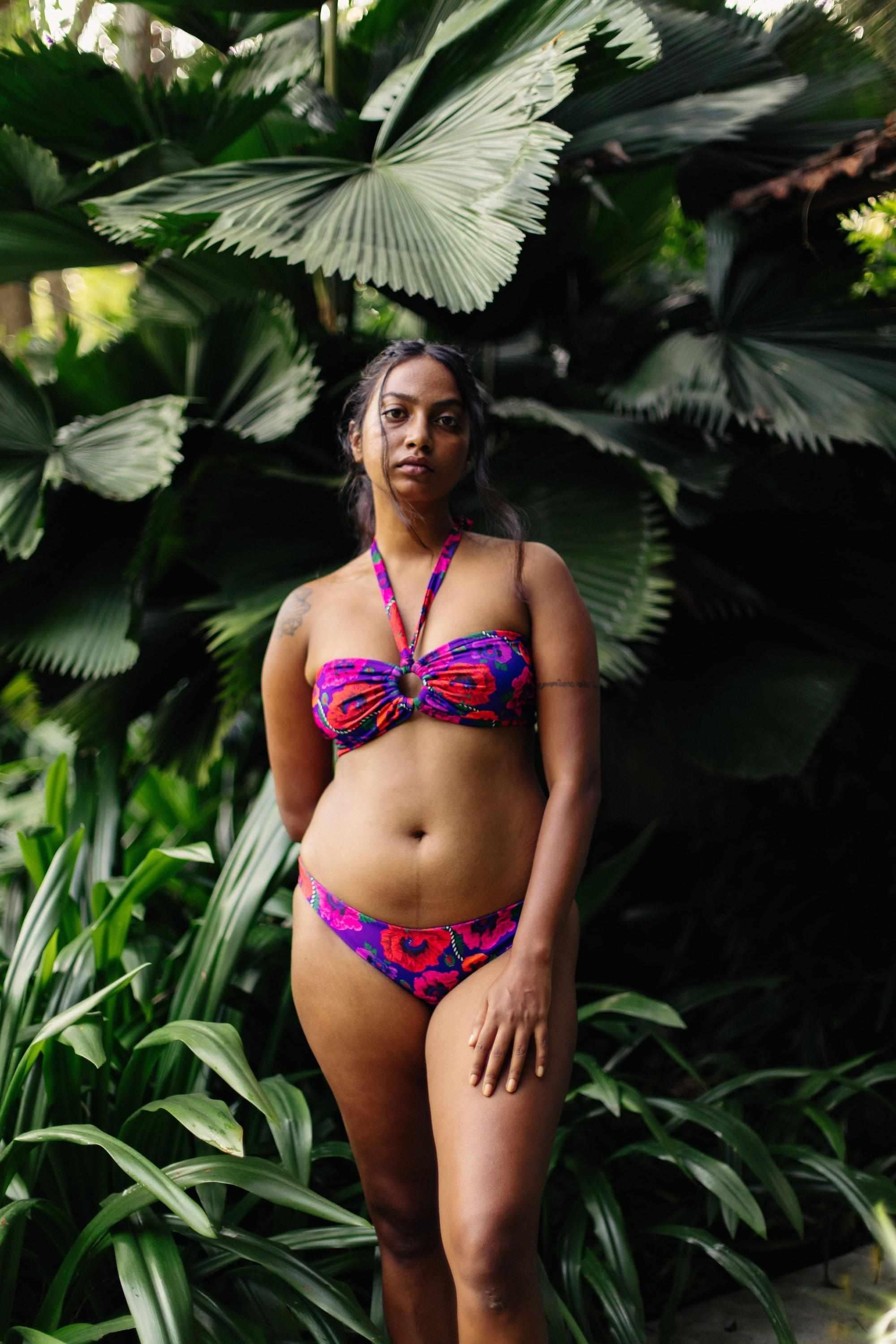 Oriental Poppy Ring Bikini Top with Removable Halter Strap-Swimwear-izsi-IZSI