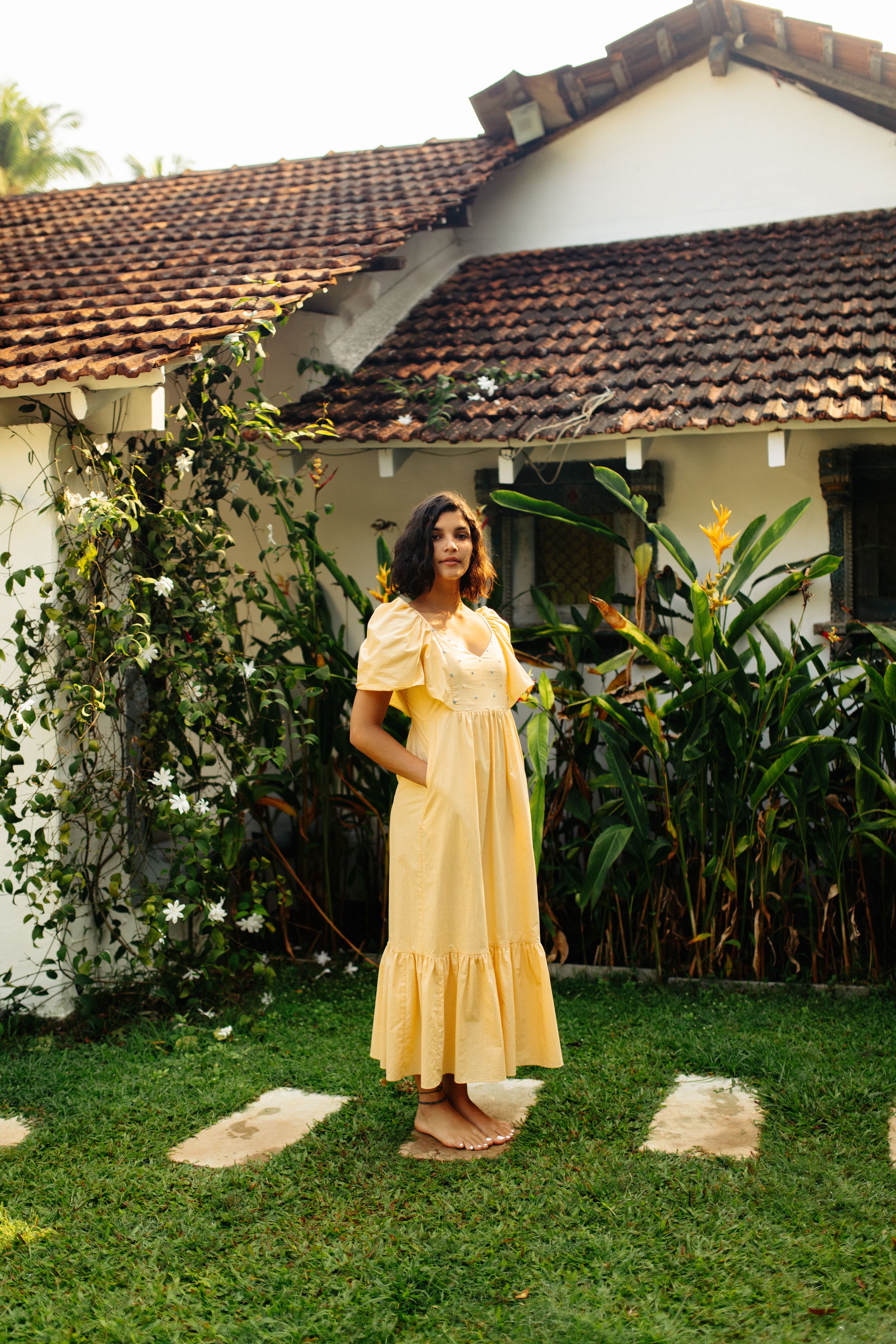 Yellow Hand Embroidered and Shirred Cotton Bell Sleeved Dress