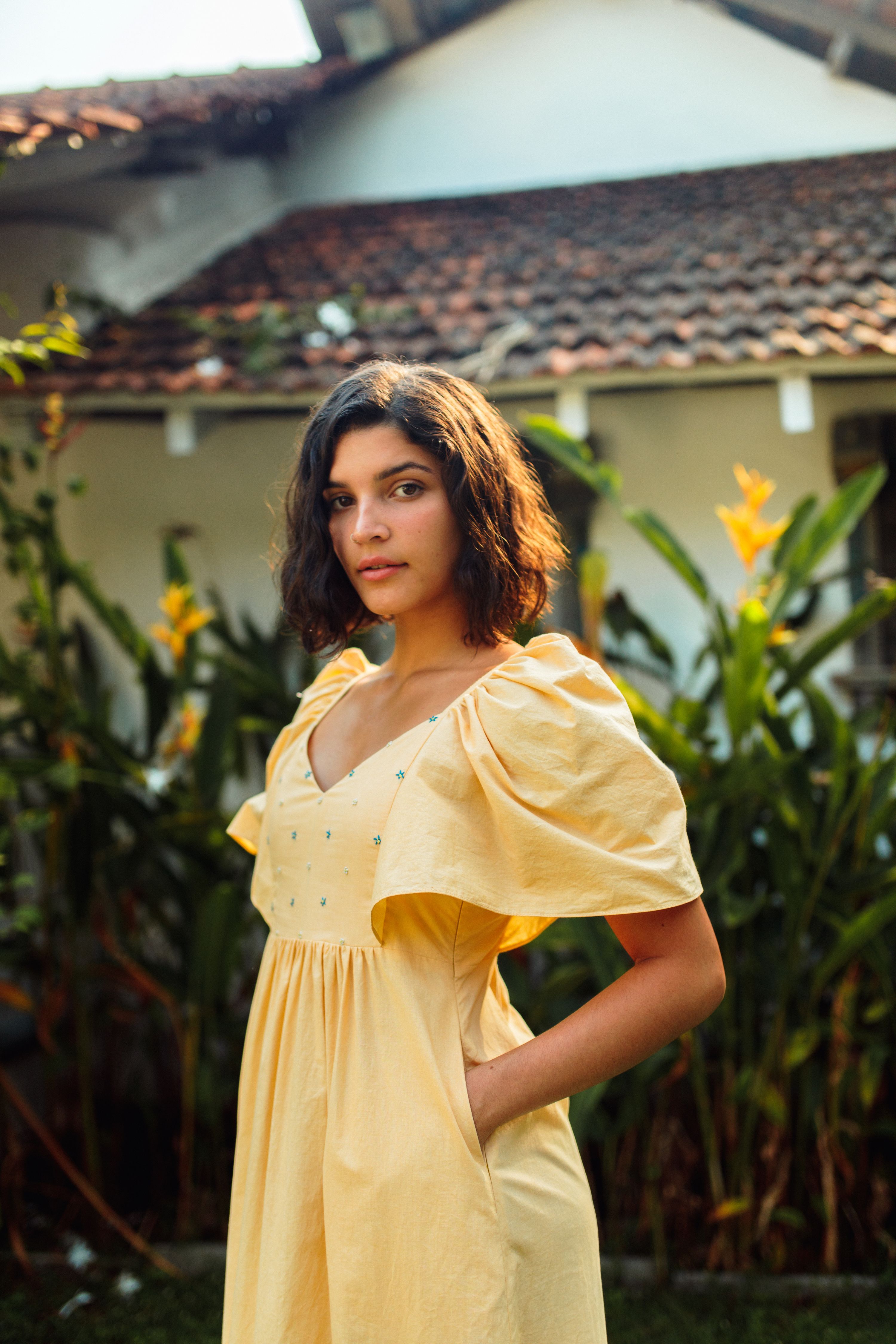 Yellow Hand Embroidered and Shirred Cotton Bell Sleeved Dress