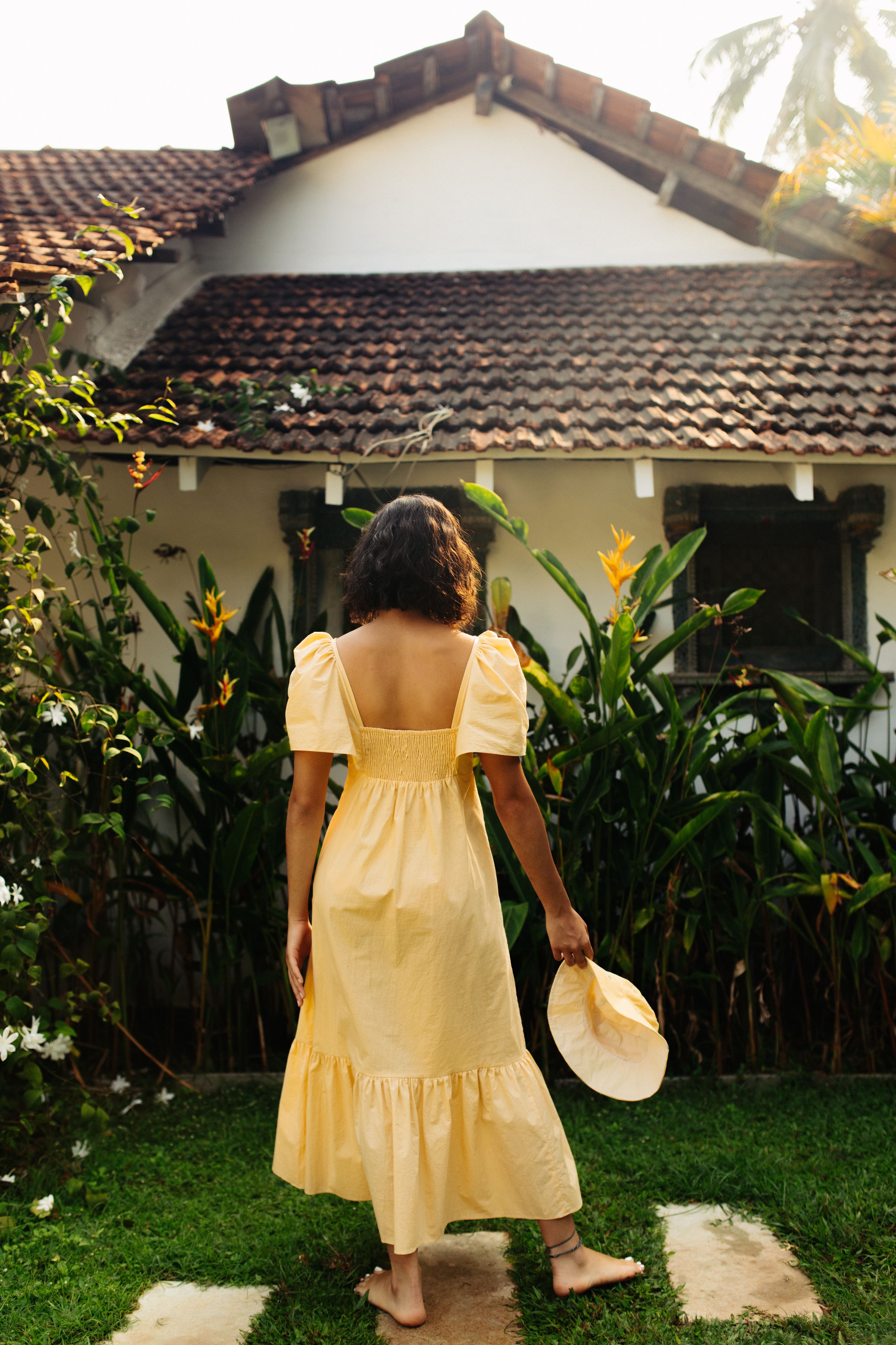 Yellow Hand Embroidered and Shirred Cotton Bell Sleeved Dress