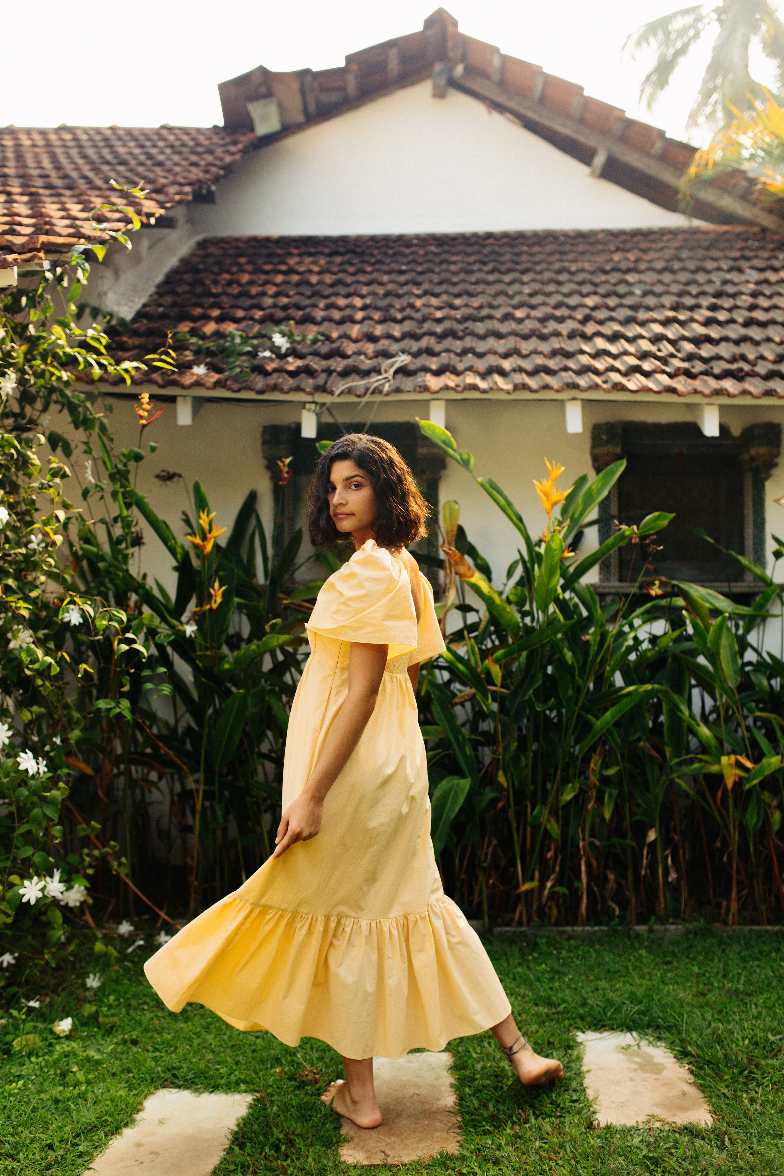 Yellow Hand Embroidered and Shirred Cotton Bell Sleeved Dress