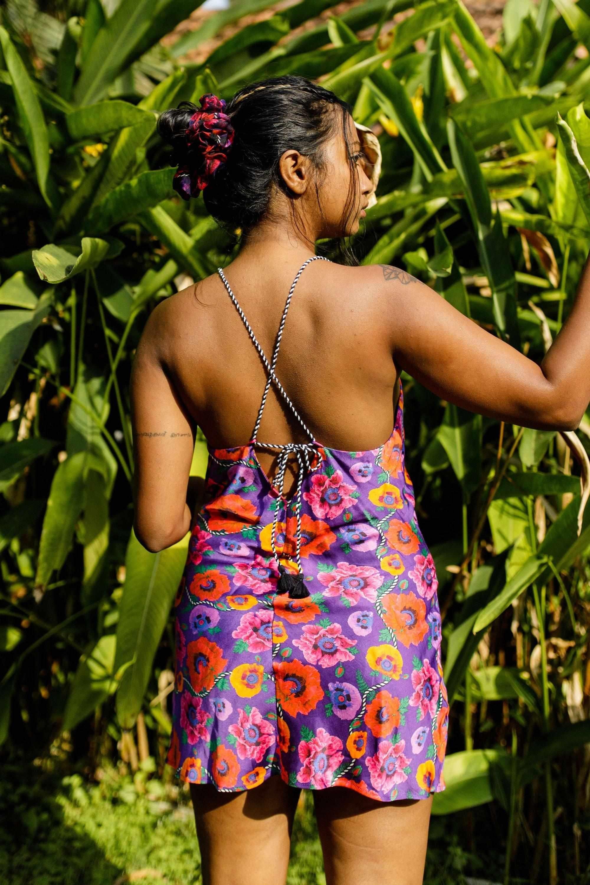 Oriental Poppy Short Slip Dress With Adjustable Handcrafted Straps-Resortwear-Izsi-IZSI