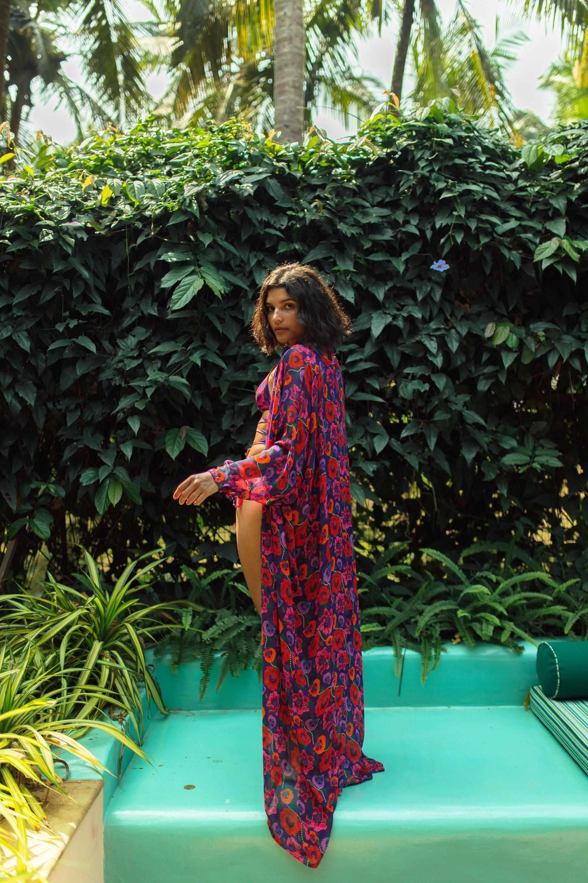 Oriental Poppy Front Open Kaftan