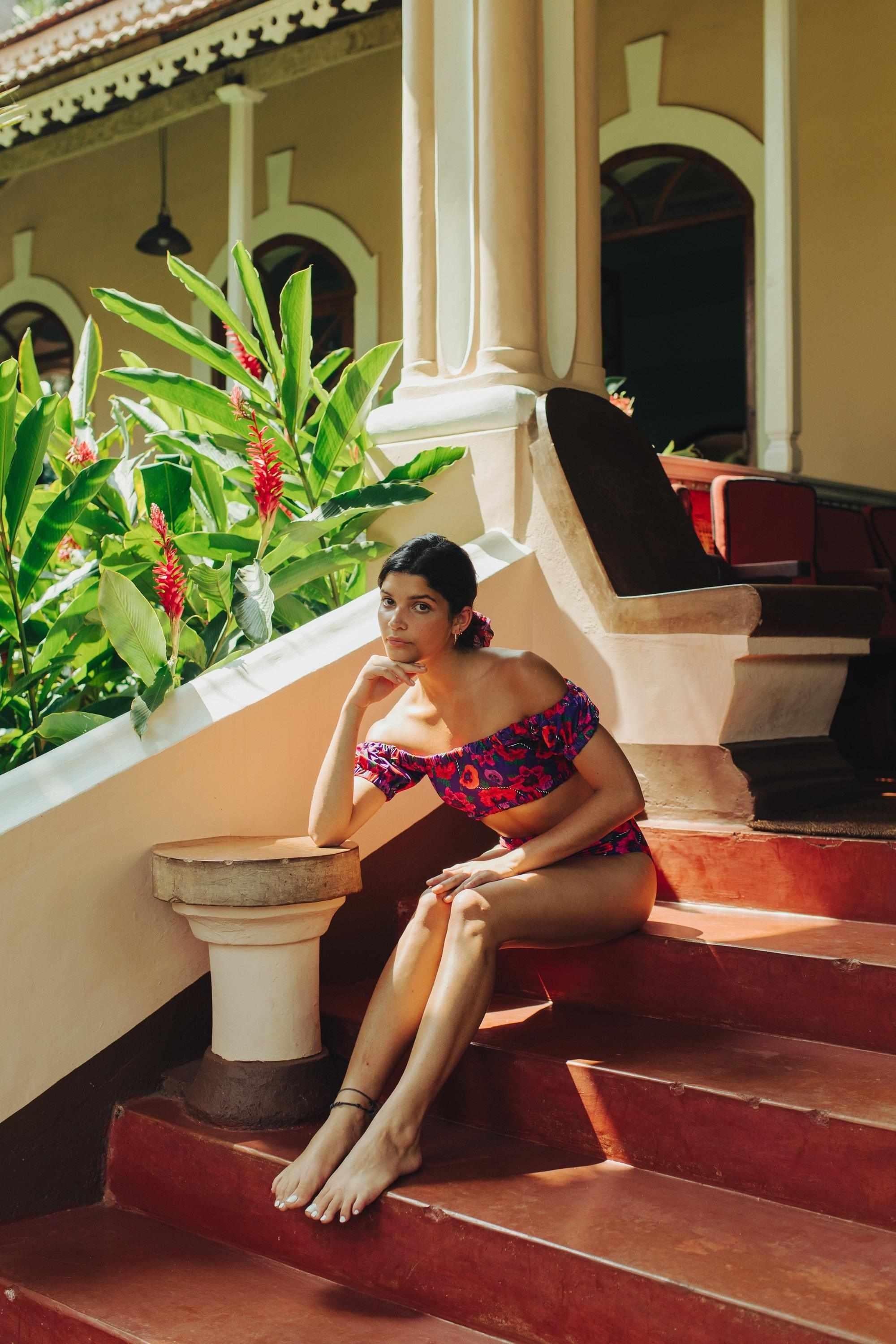 Oriental Poppy Ruched Off Shoulder Bikini Top