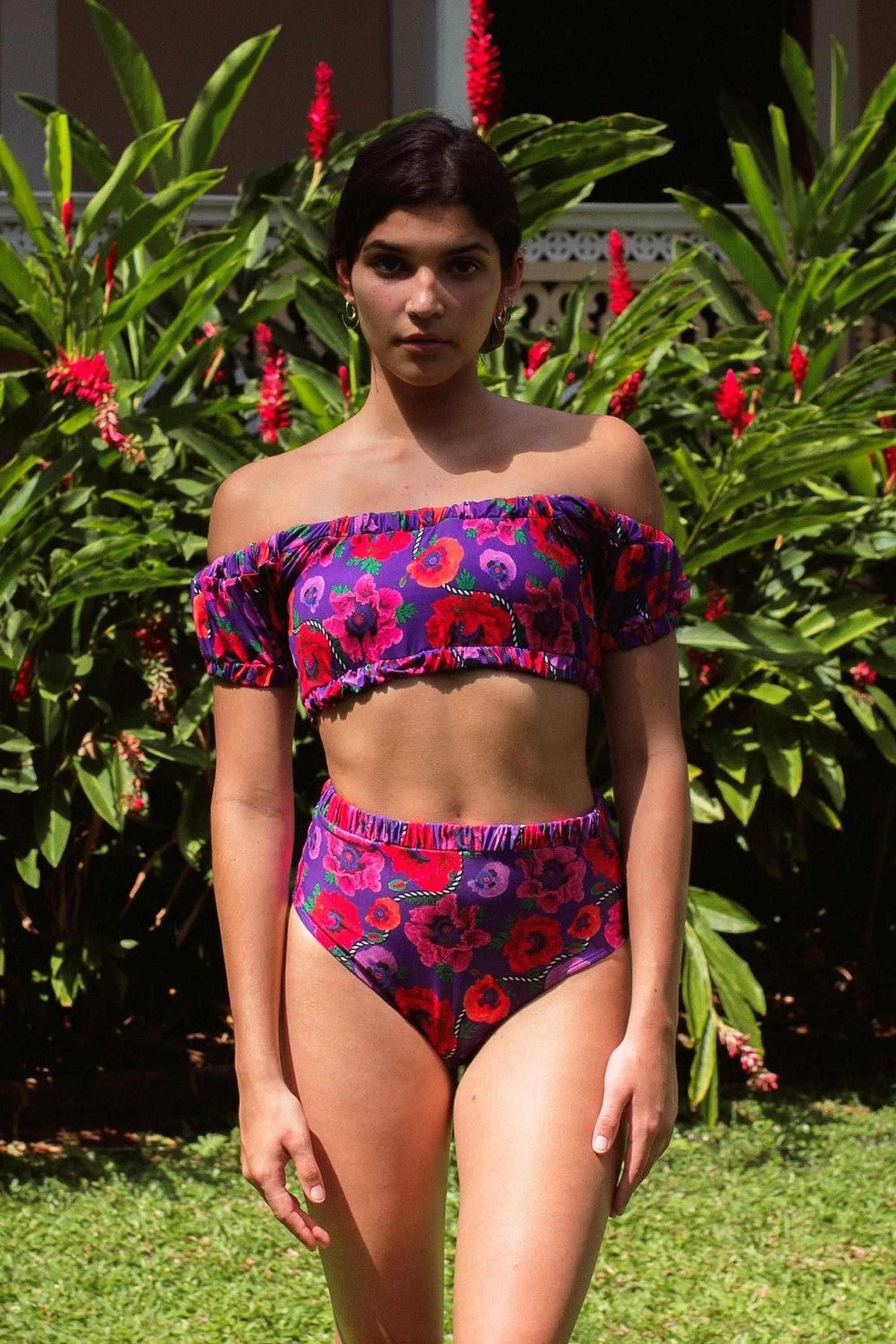 Oriental Poppy Ruched Off Shoulder Bikini Top-Swimwear-izsi-IZSI