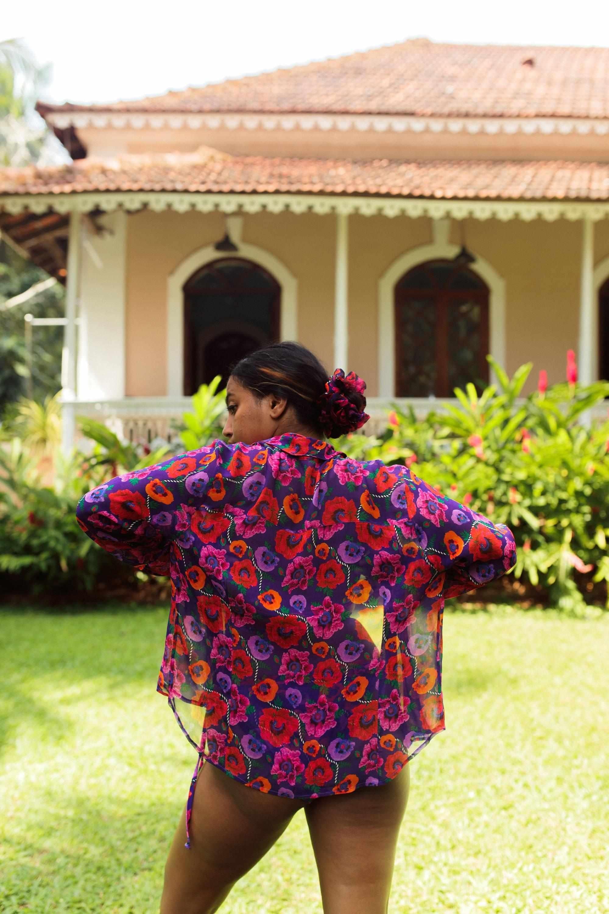 Oriental Poppy Cupro Georgette Sheer Shirt