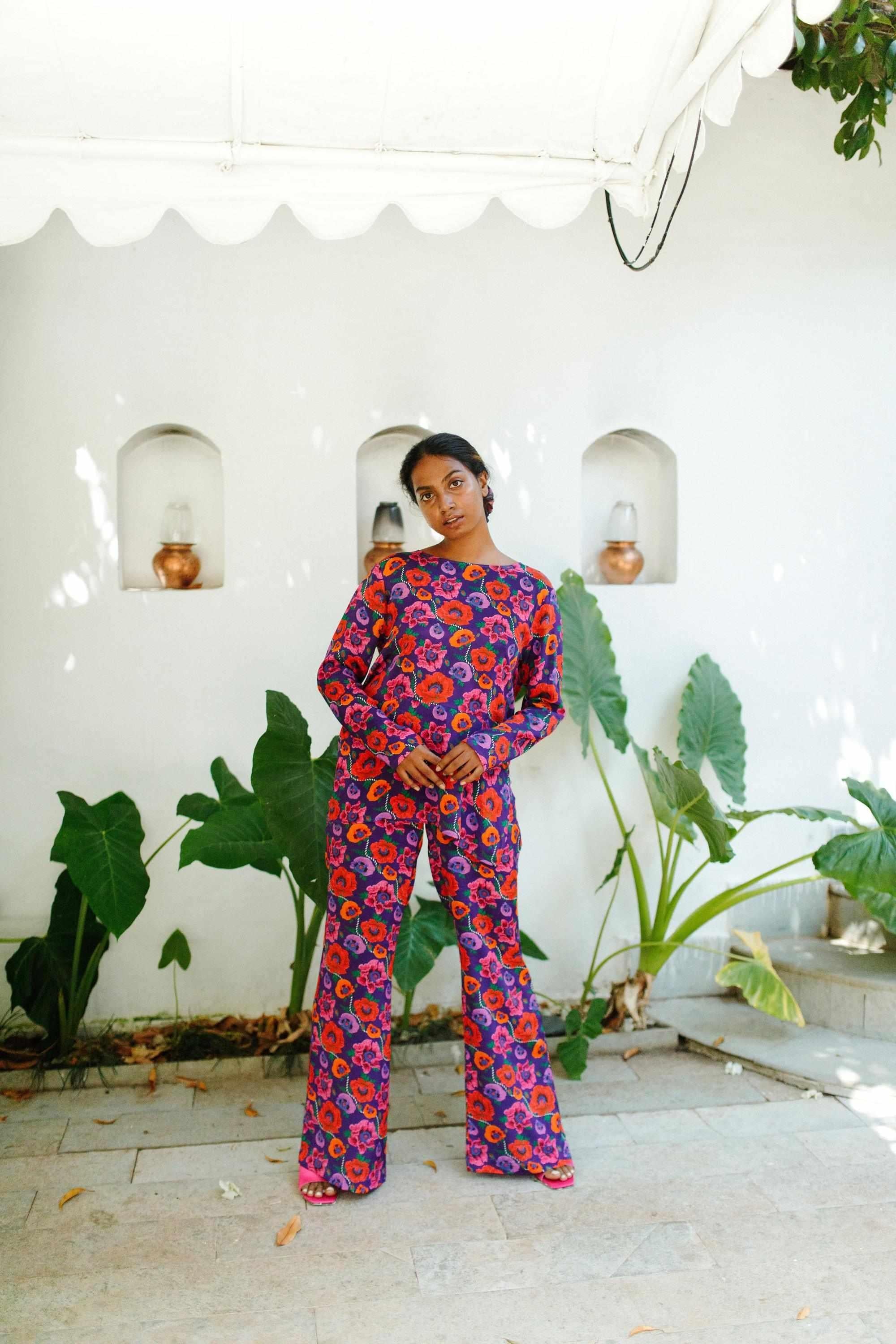 Oriental Poppy Plunge Back Top With Handcrafted Tie-Ups