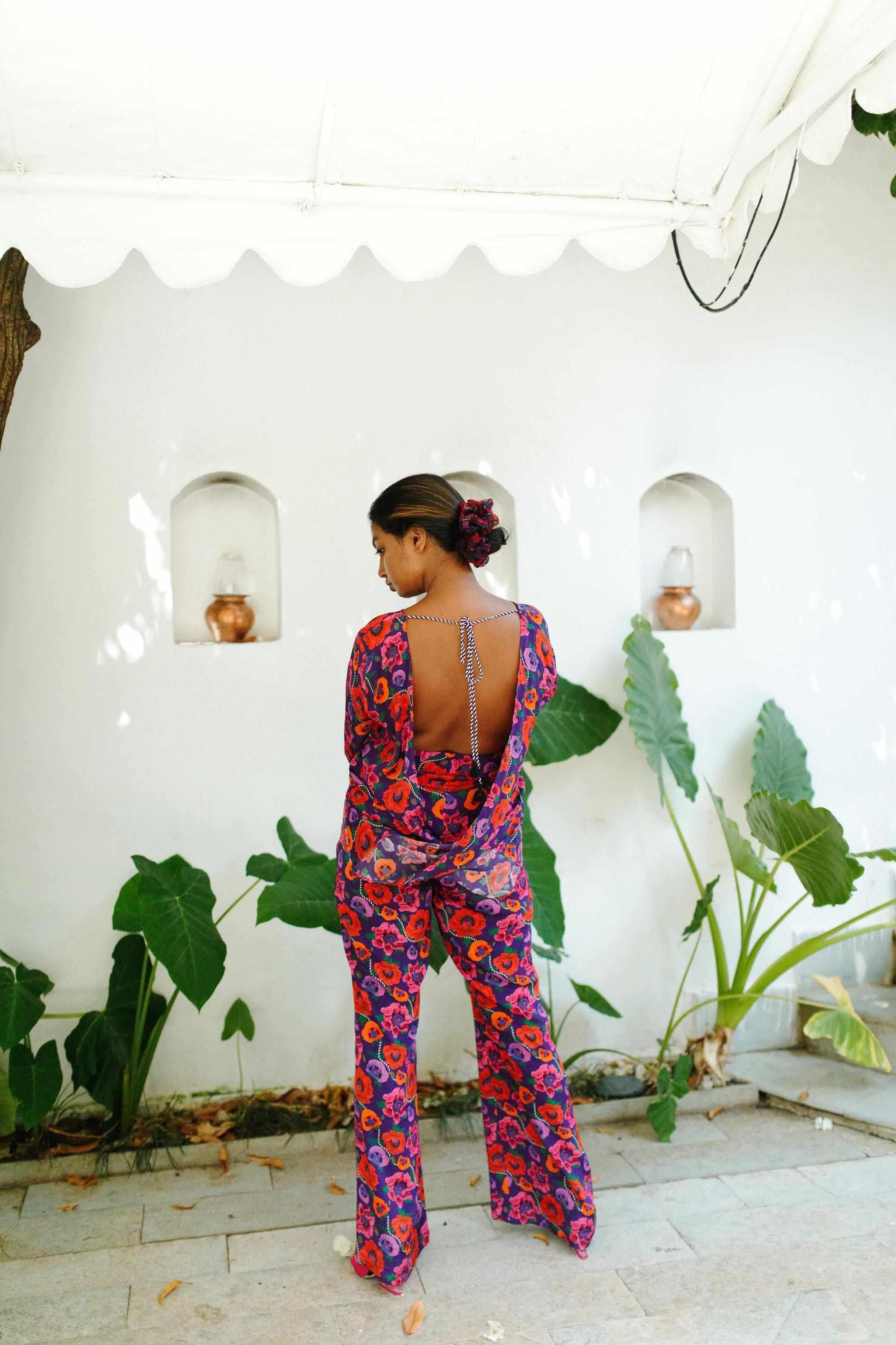 Oriental Poppy Plunge Back Top With Handcrafted Tie-Ups-Resortwear-izsi-IZSI