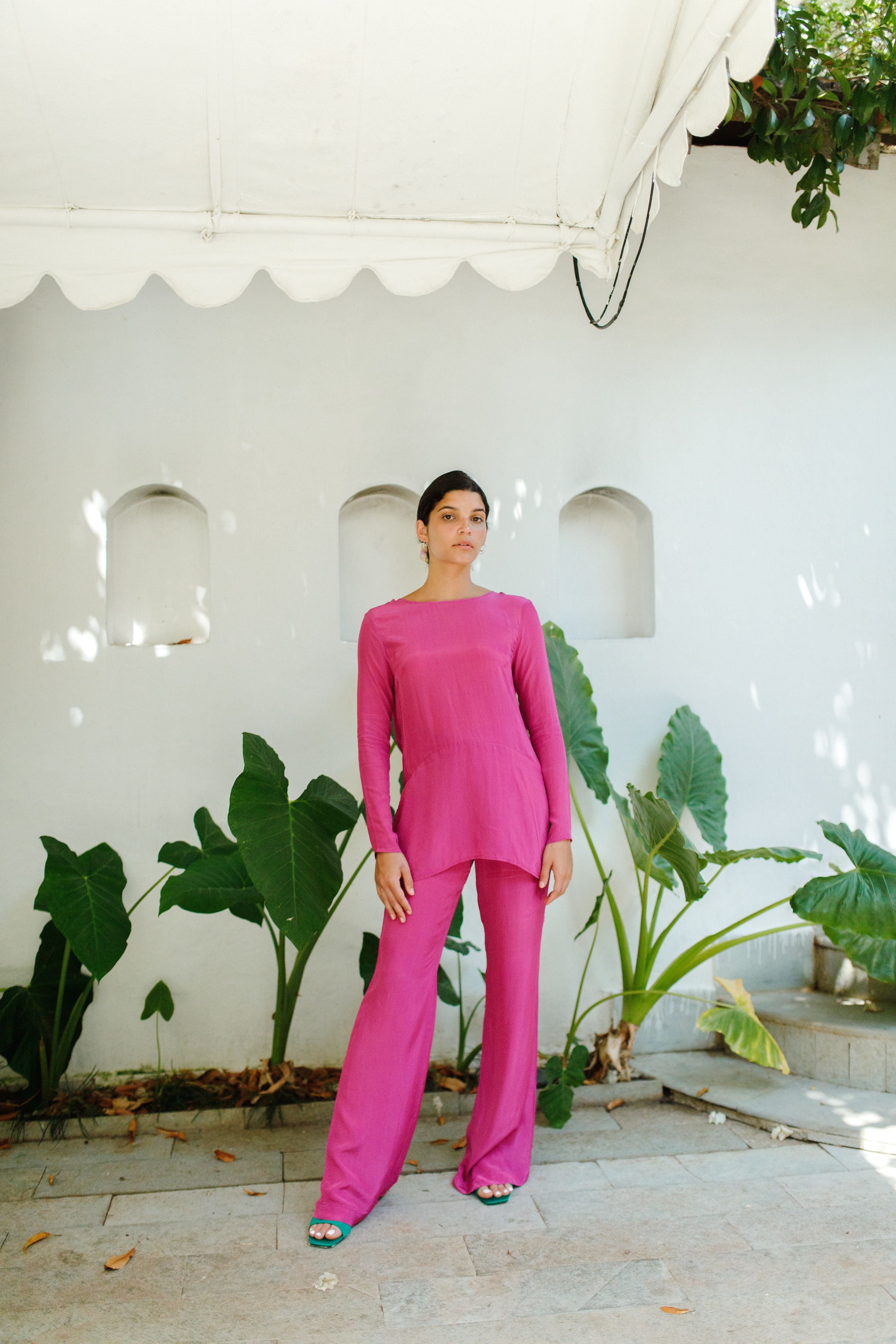 Magenta Plunge Back Top With Handcrafted Tie-Ups