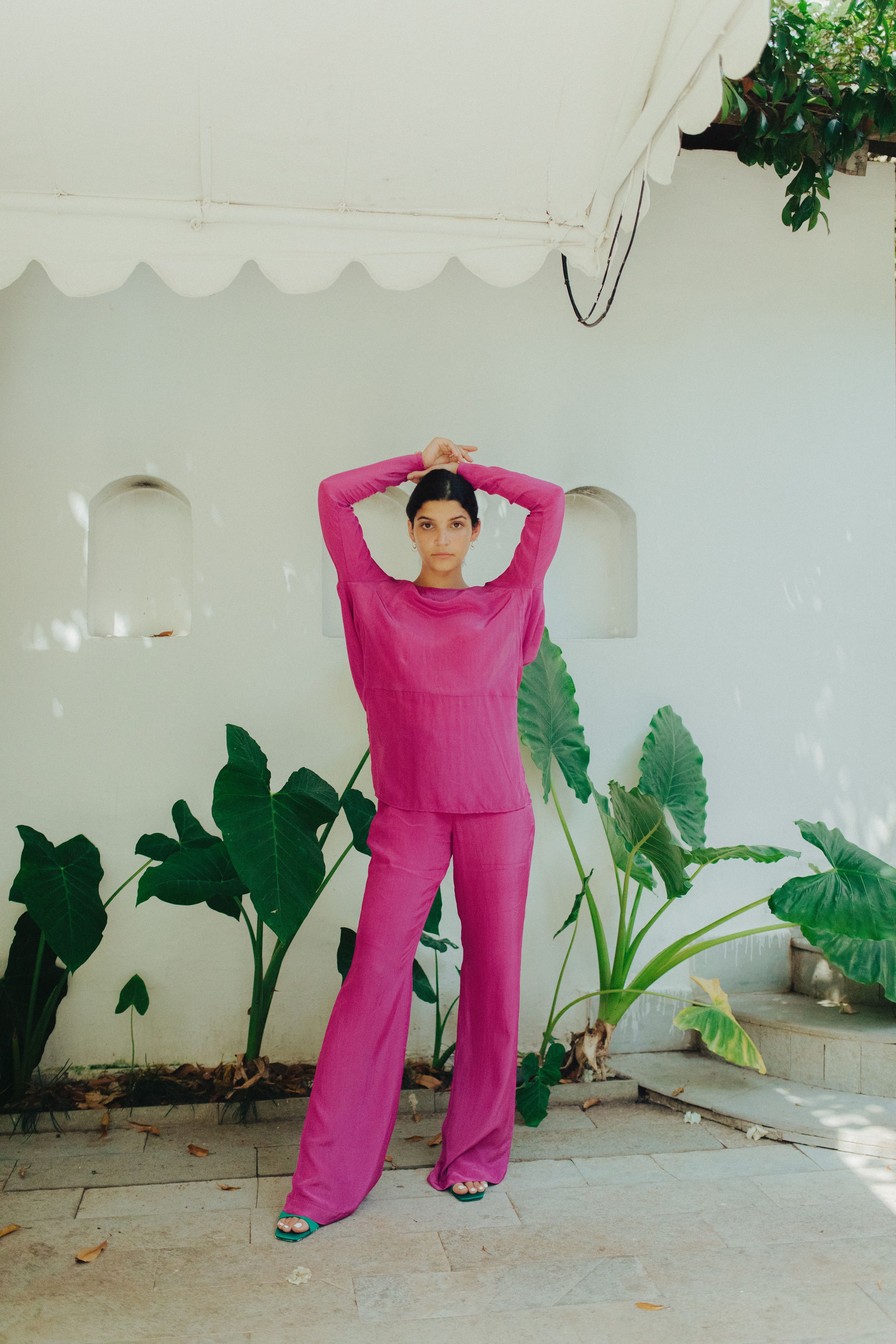 Magenta Plunge Back Top With Handcrafted Tie-Ups