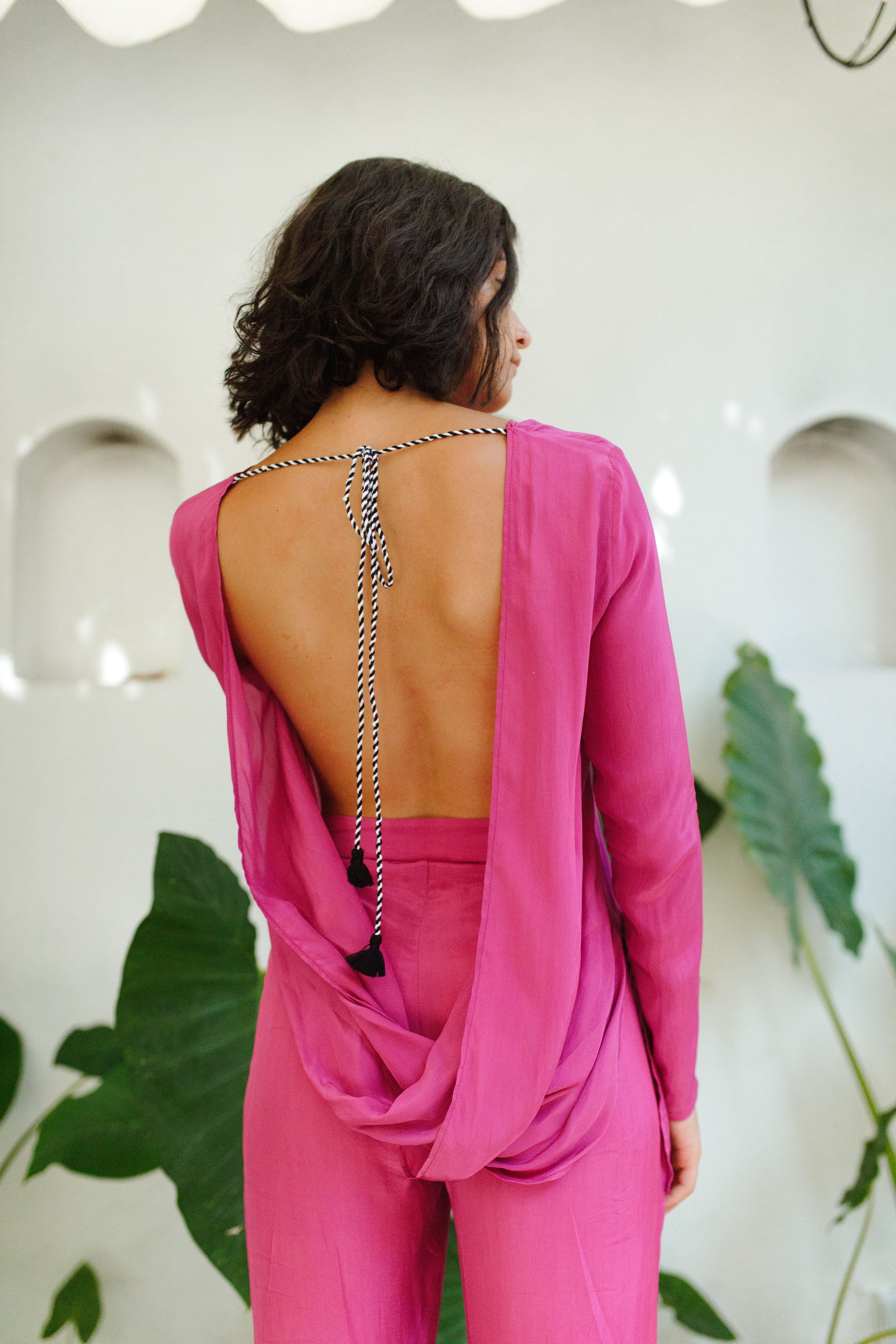 Magenta Plunge Back Top With Handcrafted Tie-Ups-Resortwear-izsi-IZSI