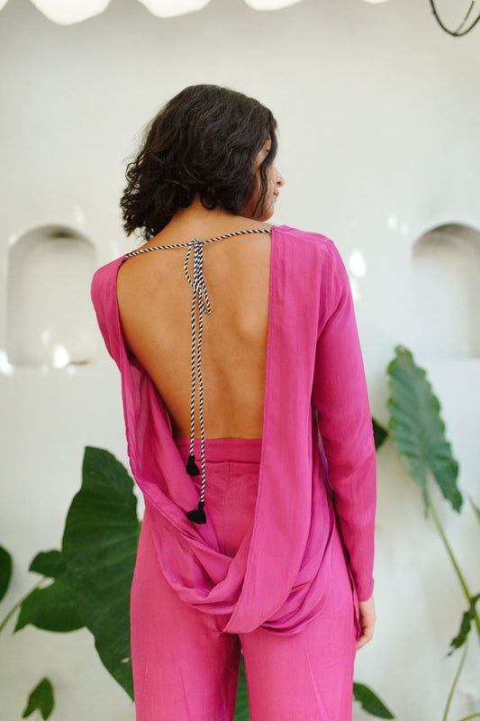 Magenta Plunge Back Top With Handcrafted Tie-Ups