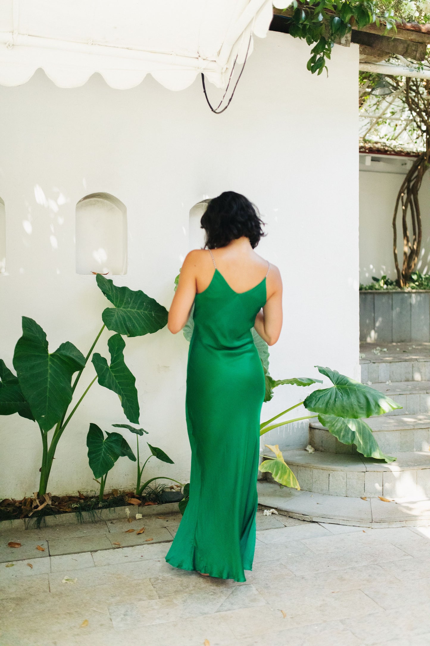 Emerald Green Satin Slip Dress With Handcrafted Straps