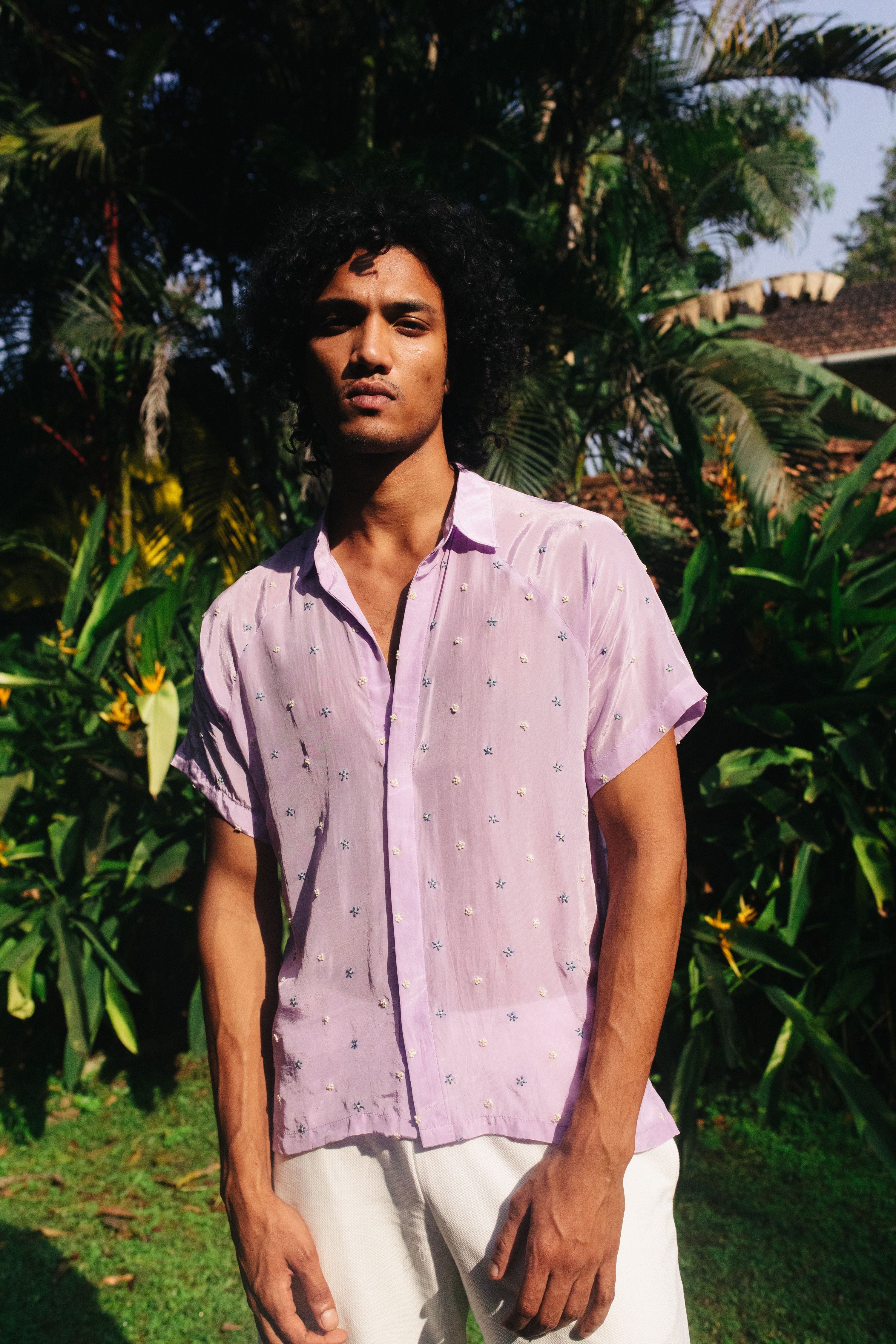 Lavender Shirt With Hand Embroidery