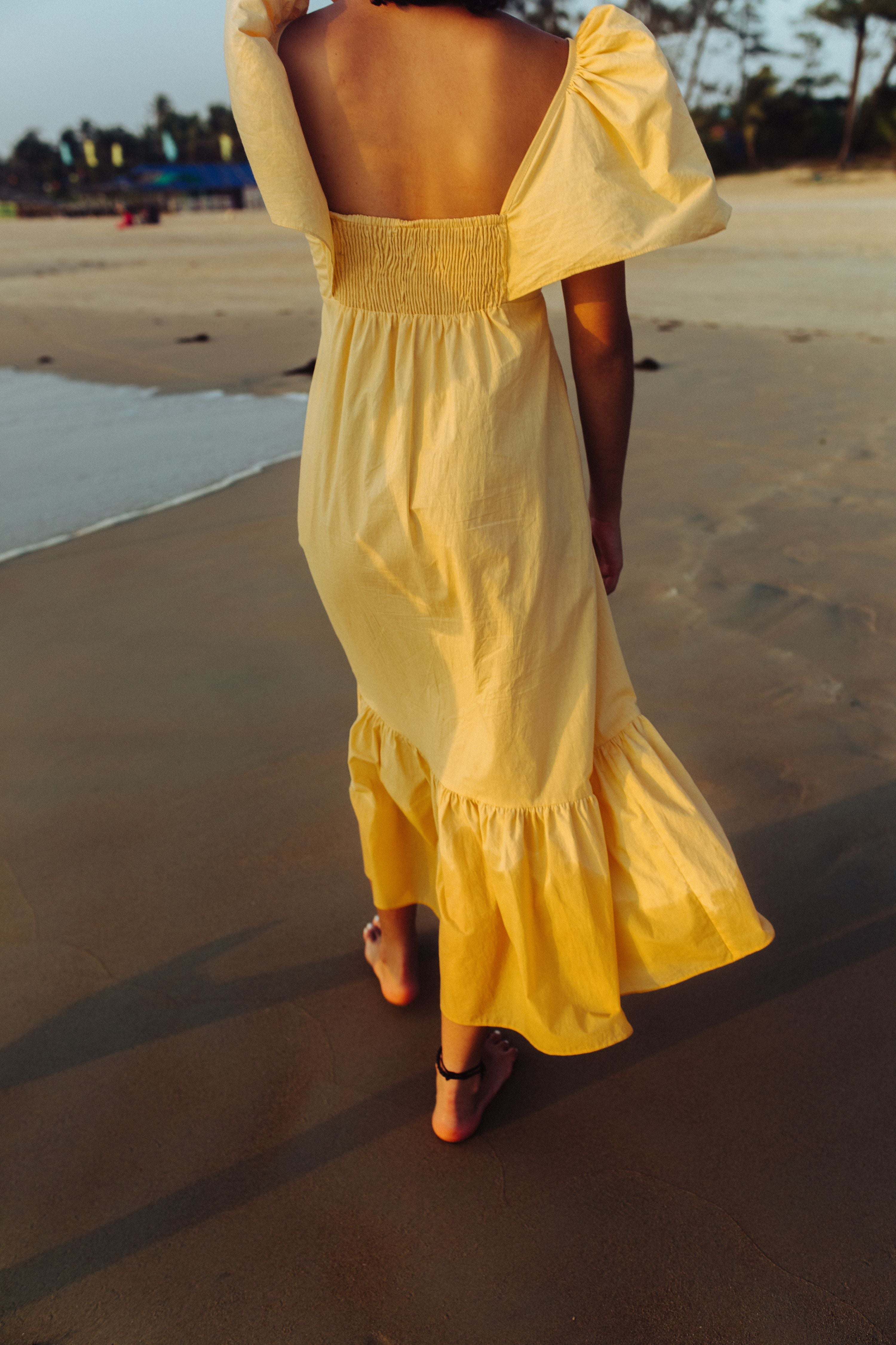 Yellow Hand Embroidered and Shirred Cotton Bell Sleeved Dress
