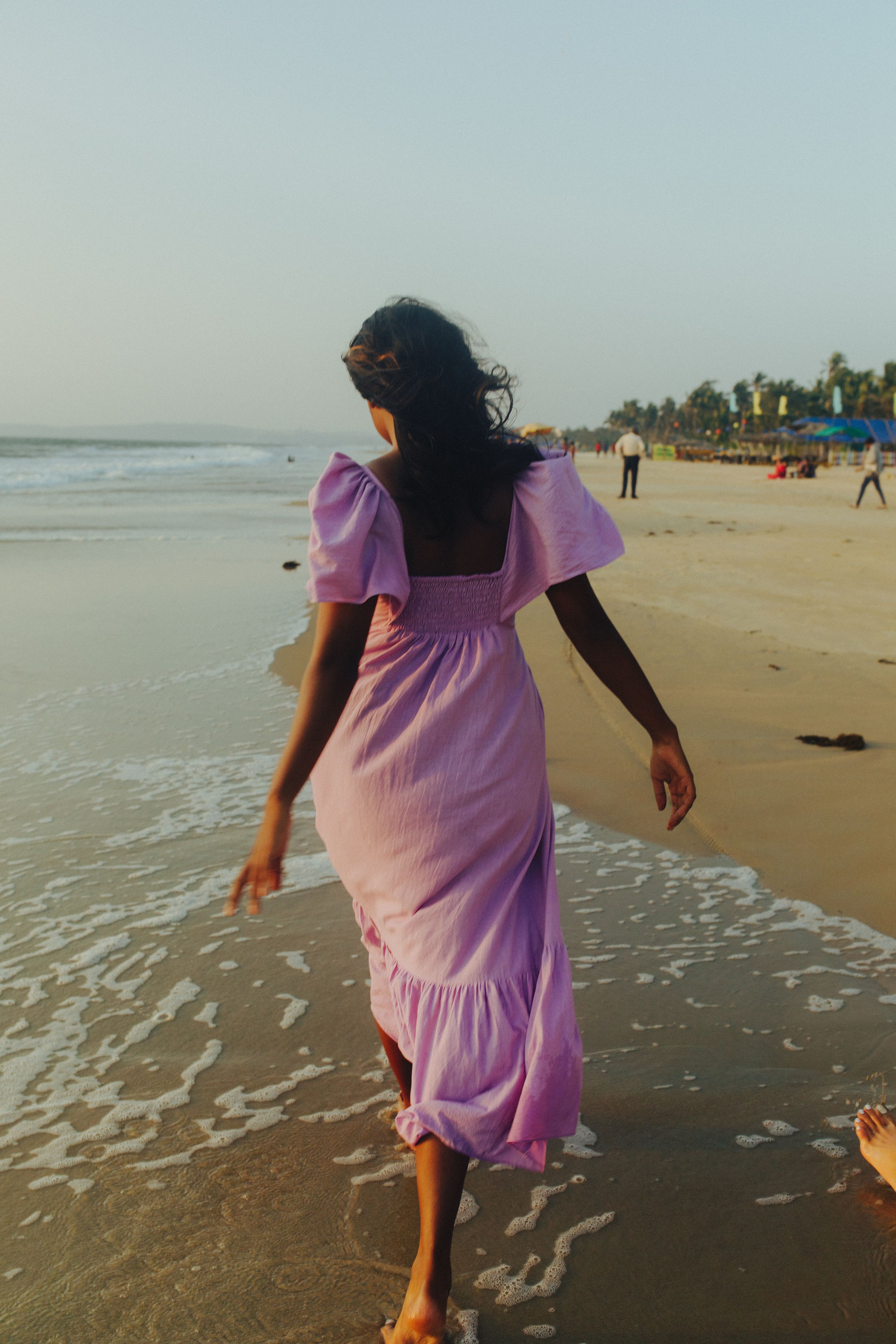 Lavender Hand Embroidered and Shirred Cotton Bell Sleeved Dress