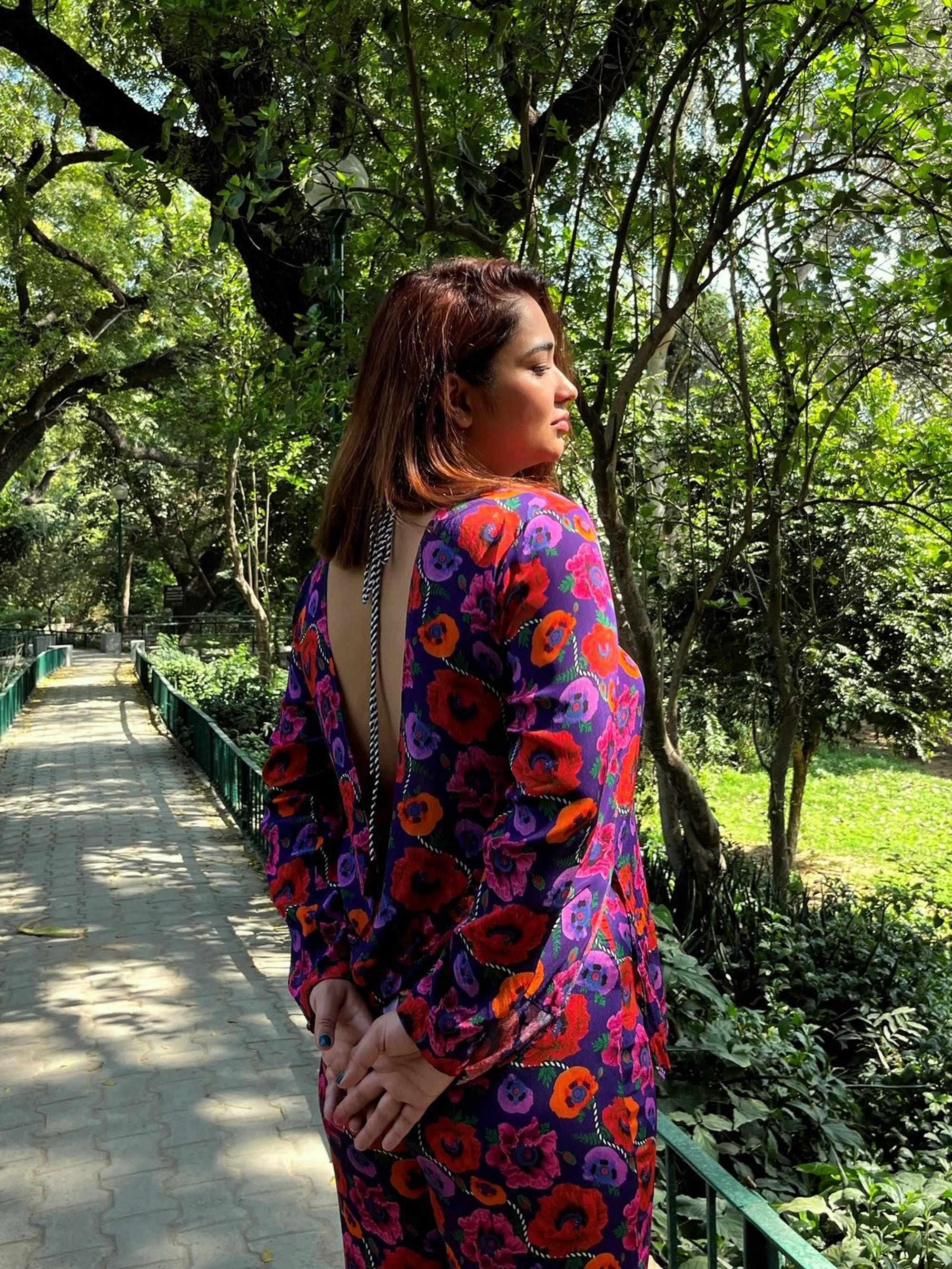 Oriental Poppy Plunge Back Top With Handcrafted Tie-Ups