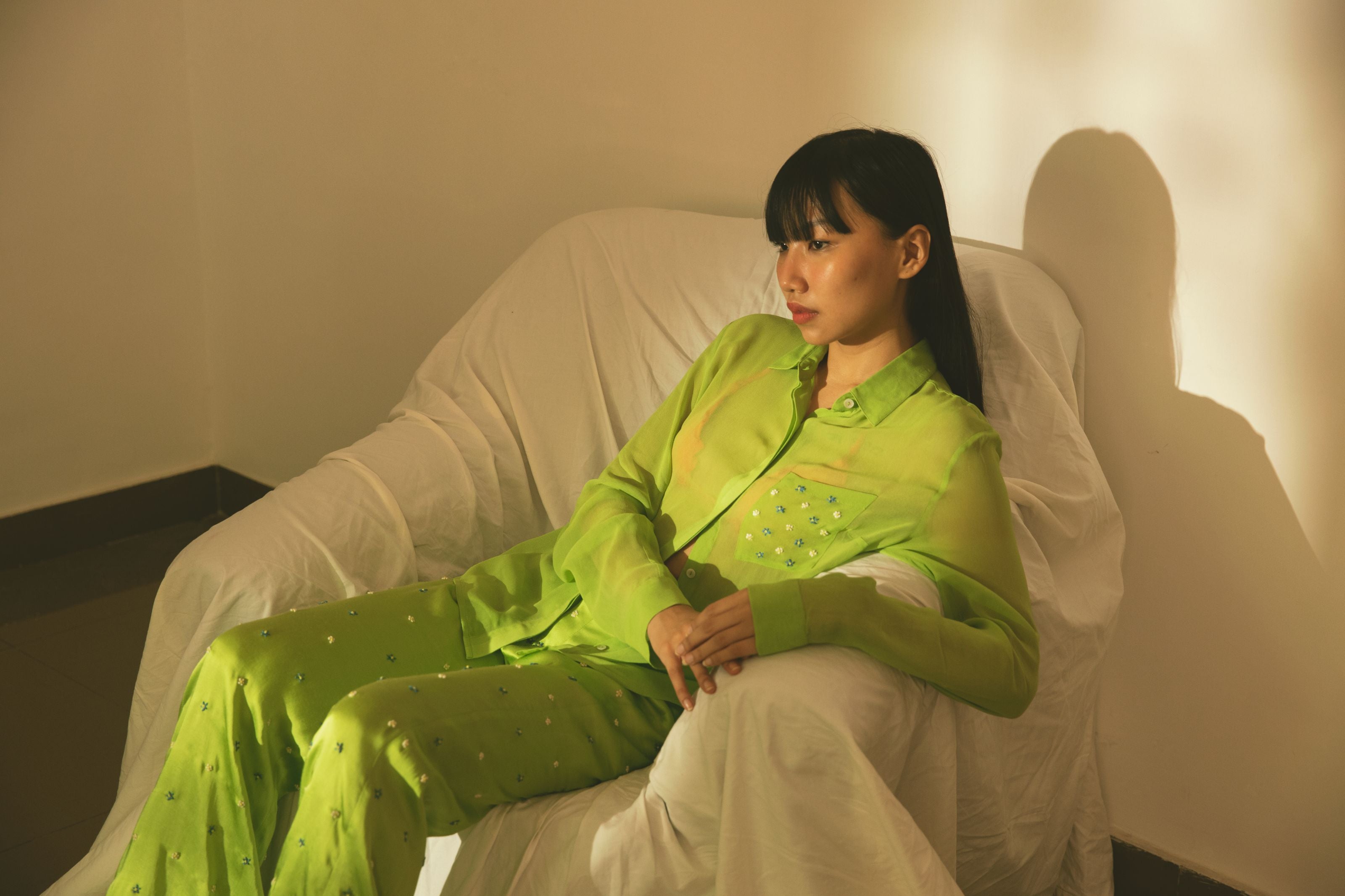 Lime Green Cupro Georgette Sheer Shirt with Hand Embroidered Pocket Detail