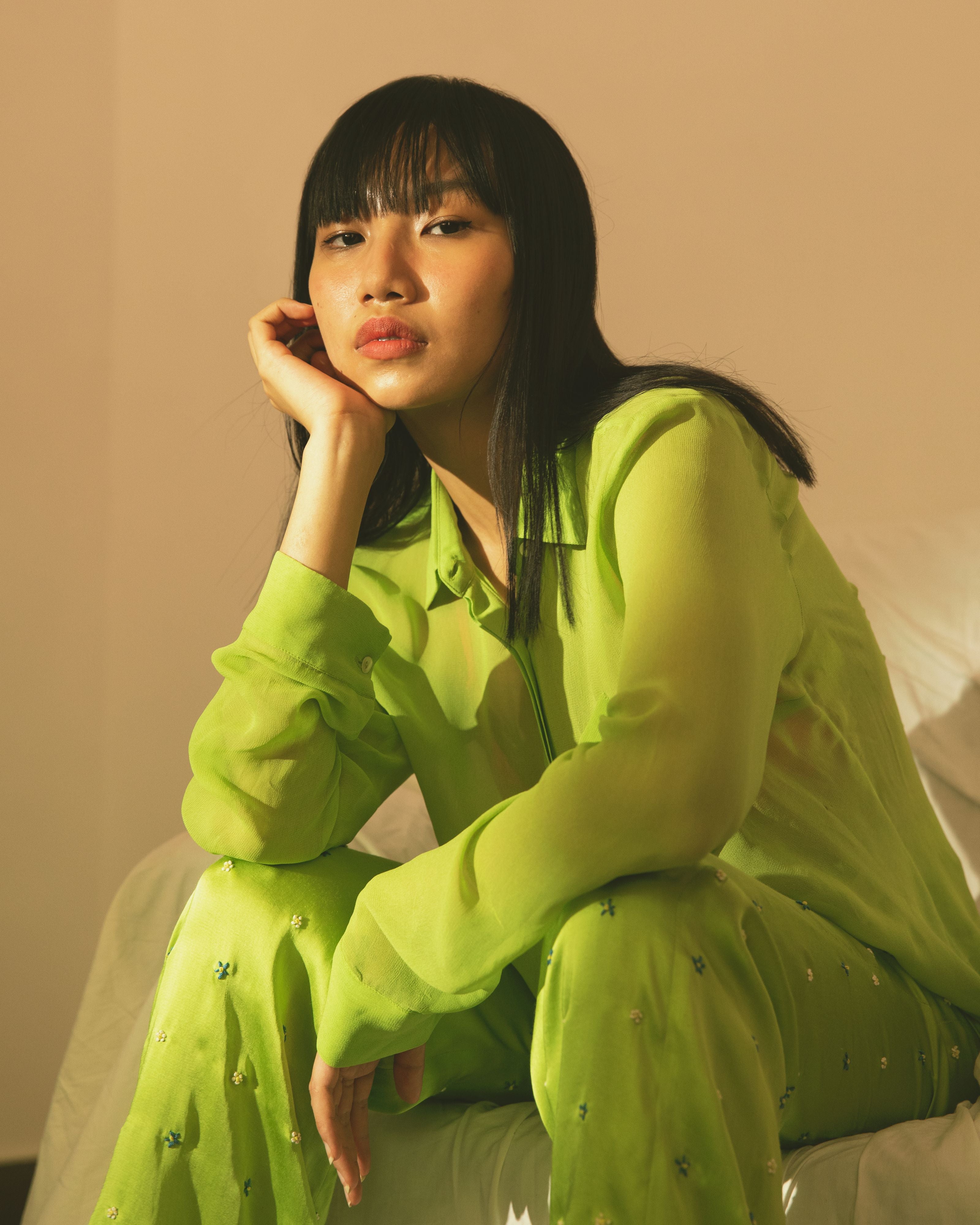 Lime Green Cupro Georgette Sheer Shirt with Hand Embroidered Pocket Detail