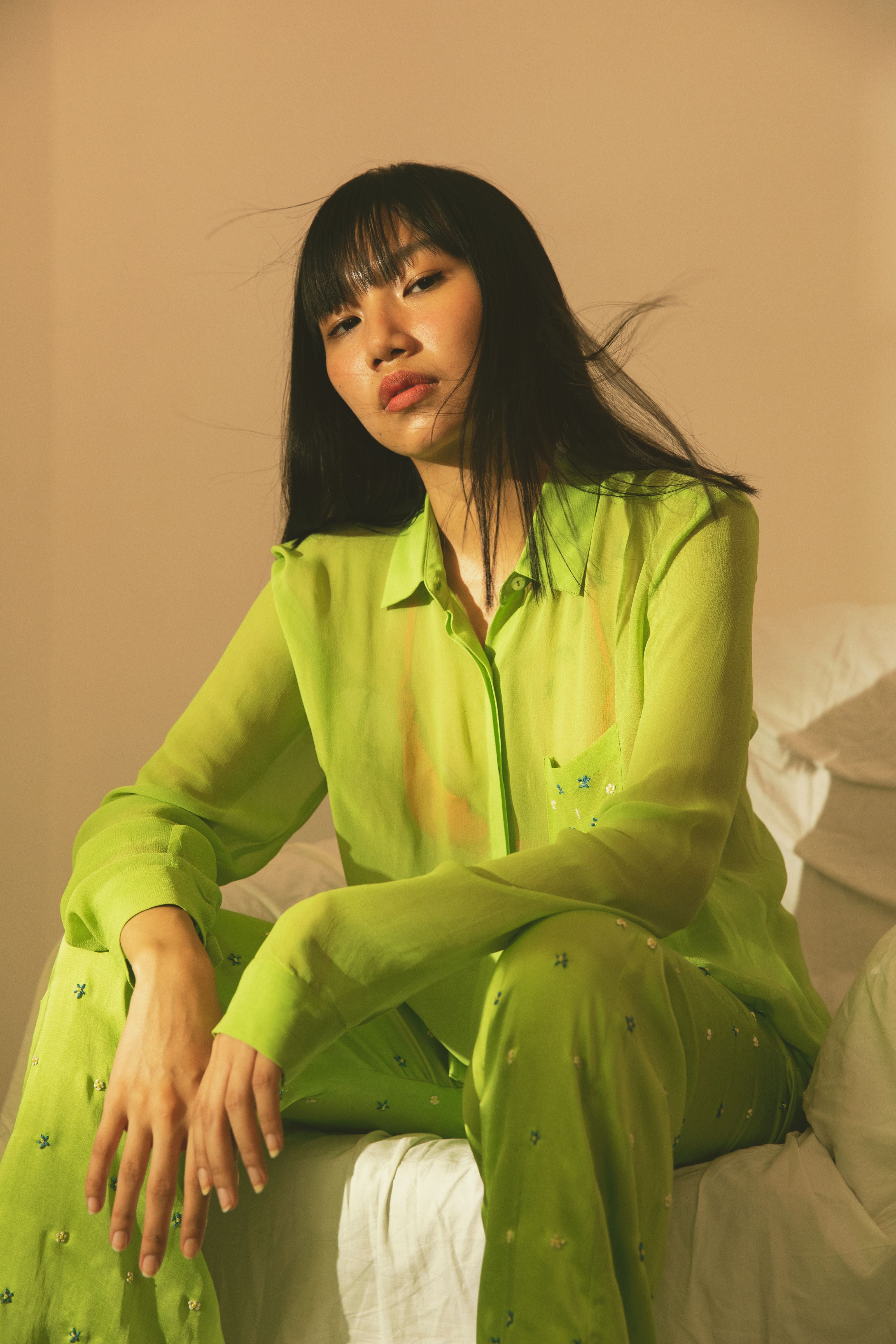 Lime Green Cupro Georgette Sheer Shirt with Hand Embroidered Pocket Detail-Resortwear-izsi-IZSI