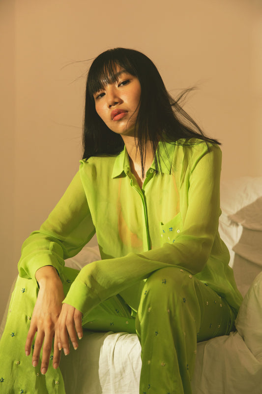 Lime Green Cupro Georgette Sheer Shirt with Hand Embroidered Pocket Detail