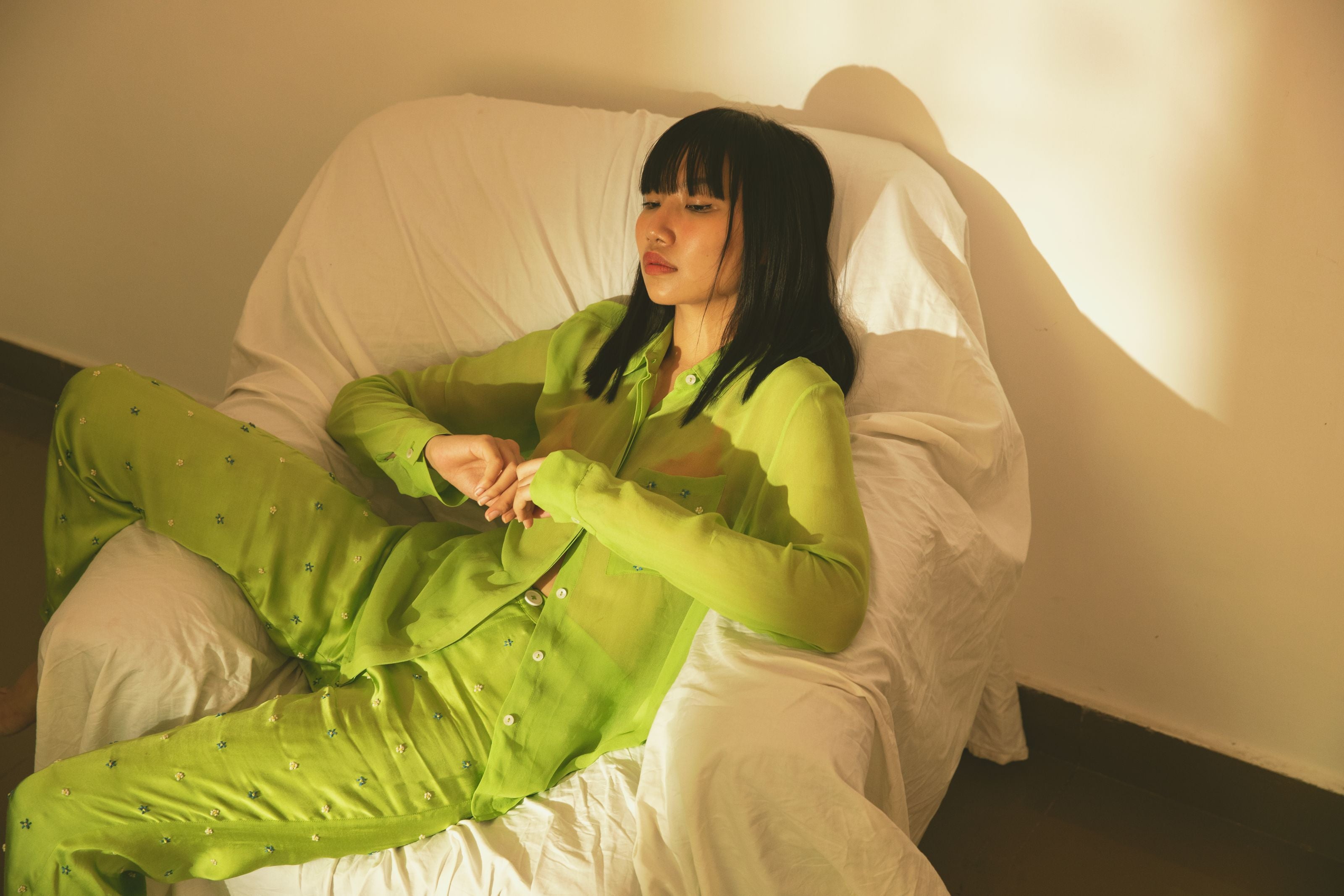 Lime Green High Waist Trousers With Hand Embroidery