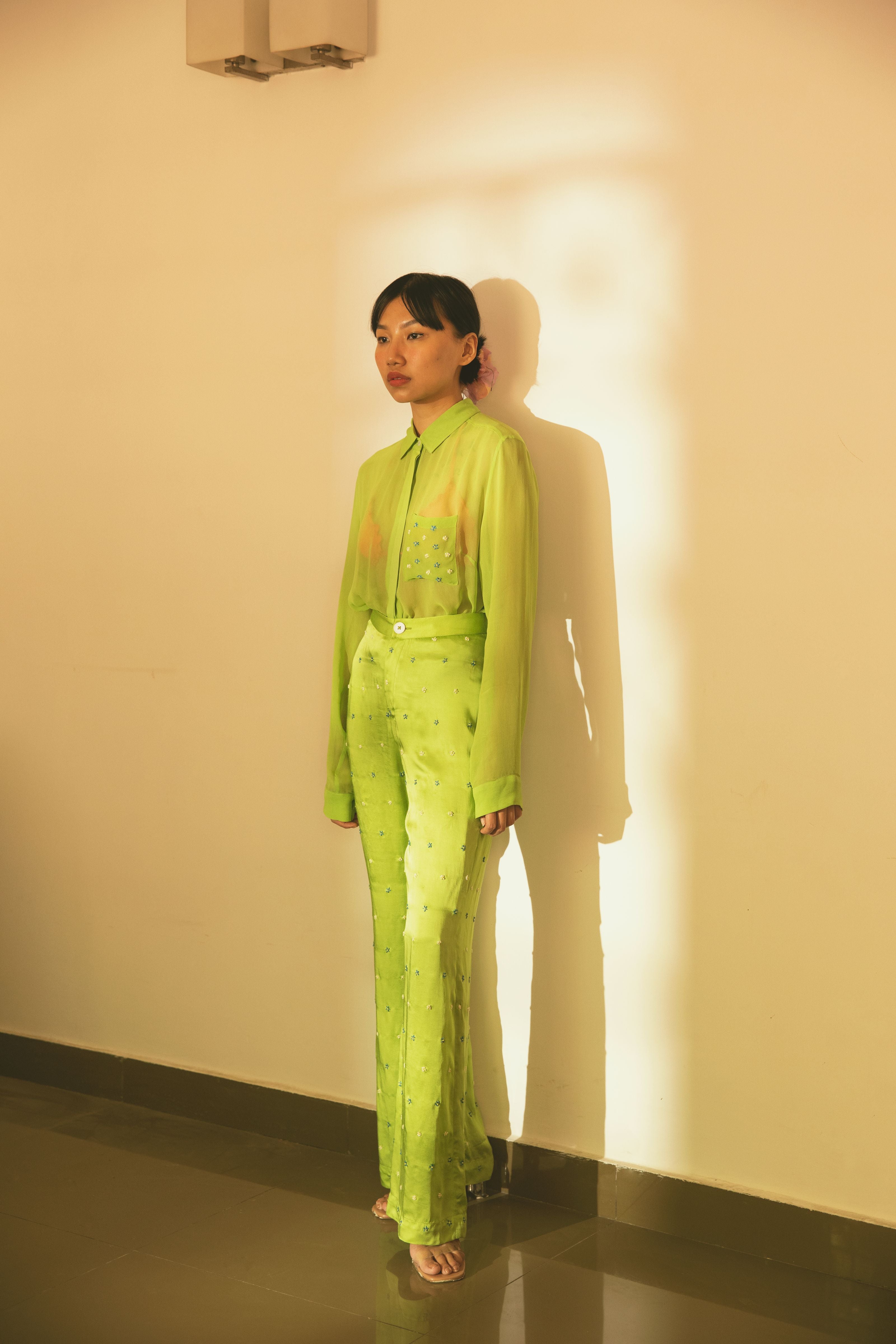 Lime Green High Waist Trousers With Hand Embroidery