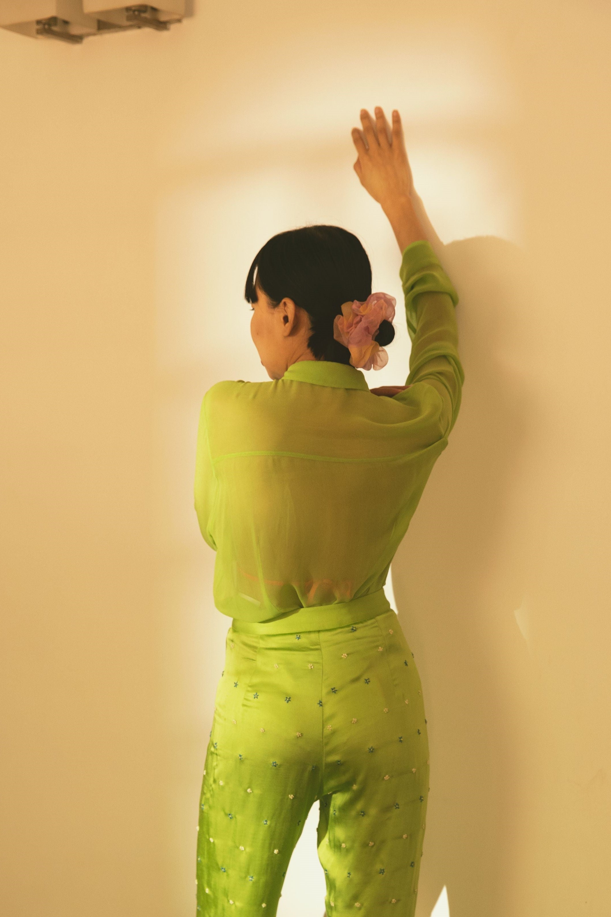 Lime Green Cupro Georgette Sheer Shirt with Hand Embroidered Pocket Detail